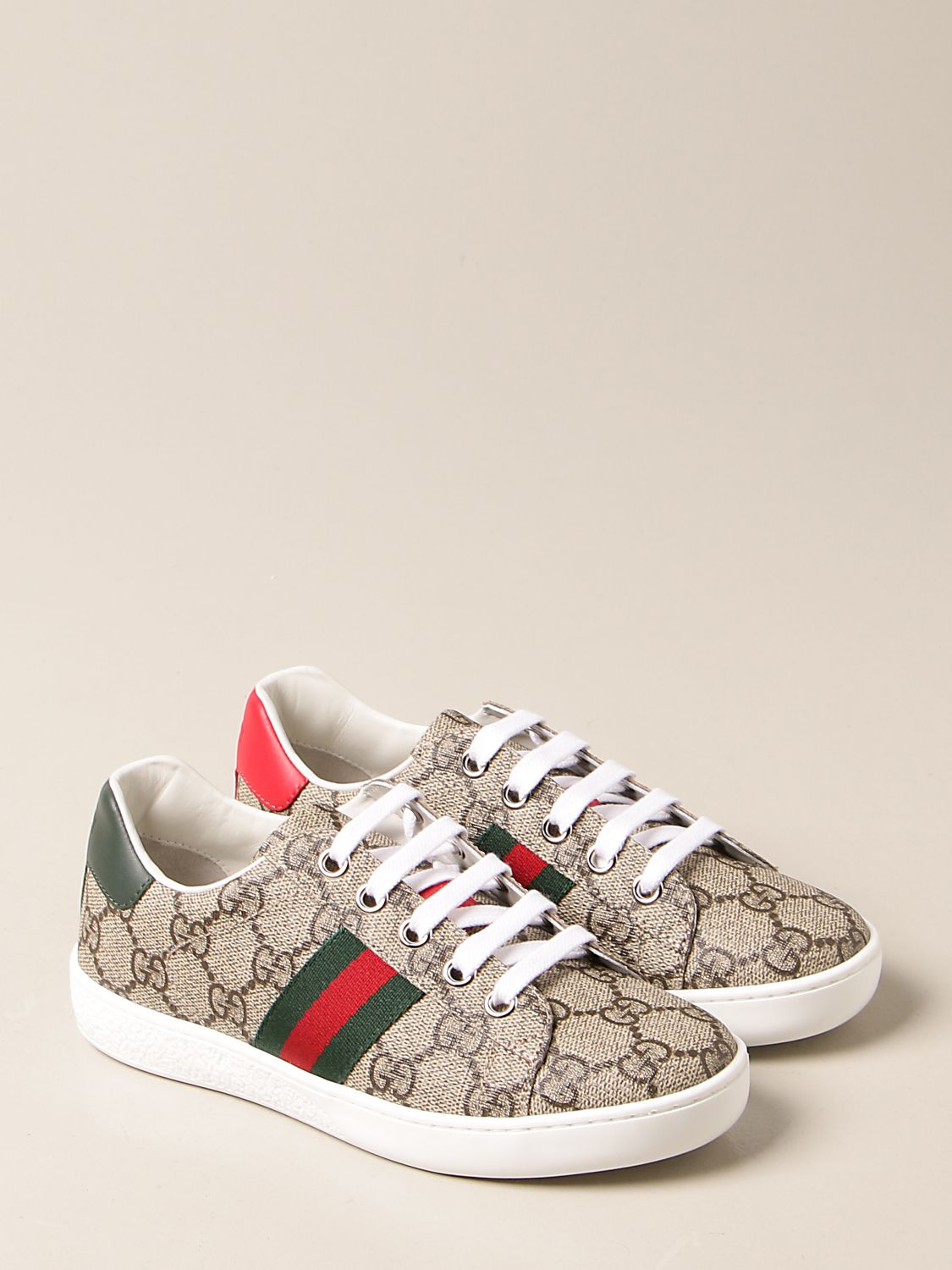 GUCCI: Ace sneakers in GG Supreme fabric with Web bands - Green | Gucci ...