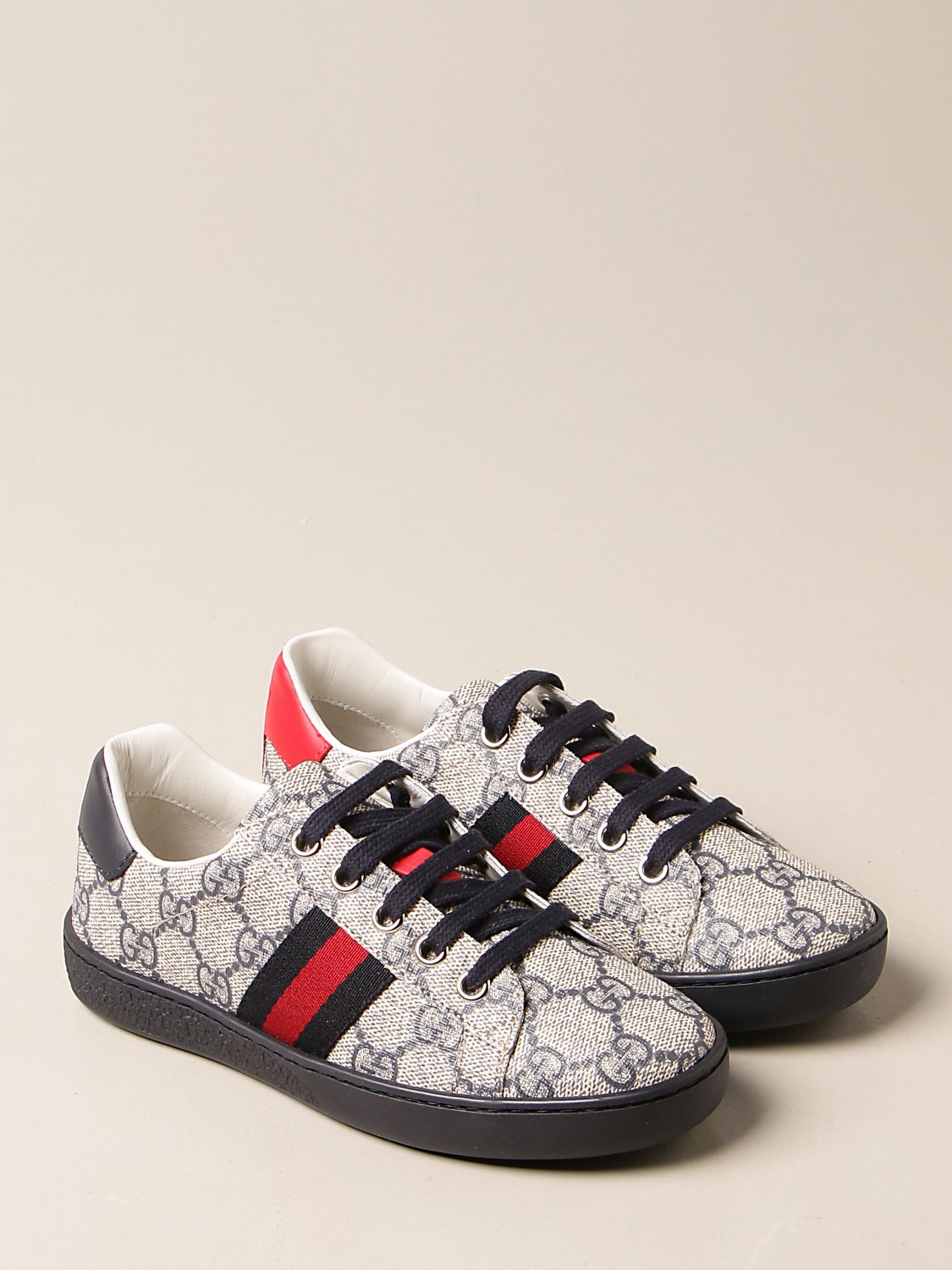 GUCCI: Ace sneakers in GG Supreme fabric with Web bands - Beige | Gucci ...