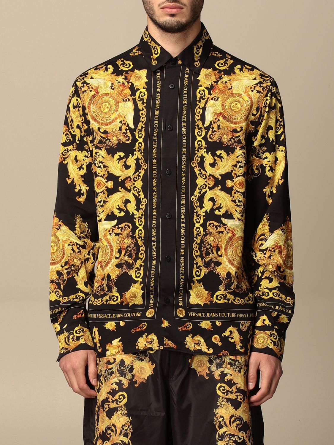 VERSACE JEANS COUTURE: shirt with baroque pattern - Black | Versace ...