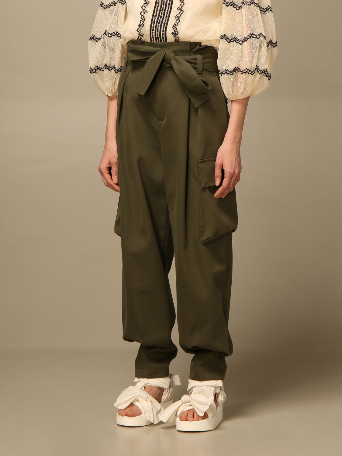 RED VALENTINO: high-waisted pants with bow - Green | Red pants VR3RBD50 4R9 online on GIGLIO.COM