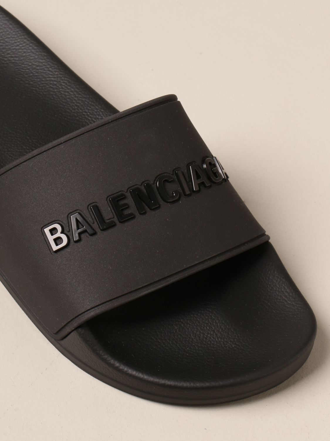 BALENCIAGA: Slide sandals in rubber with logo - Black | Flat Sandals ...
