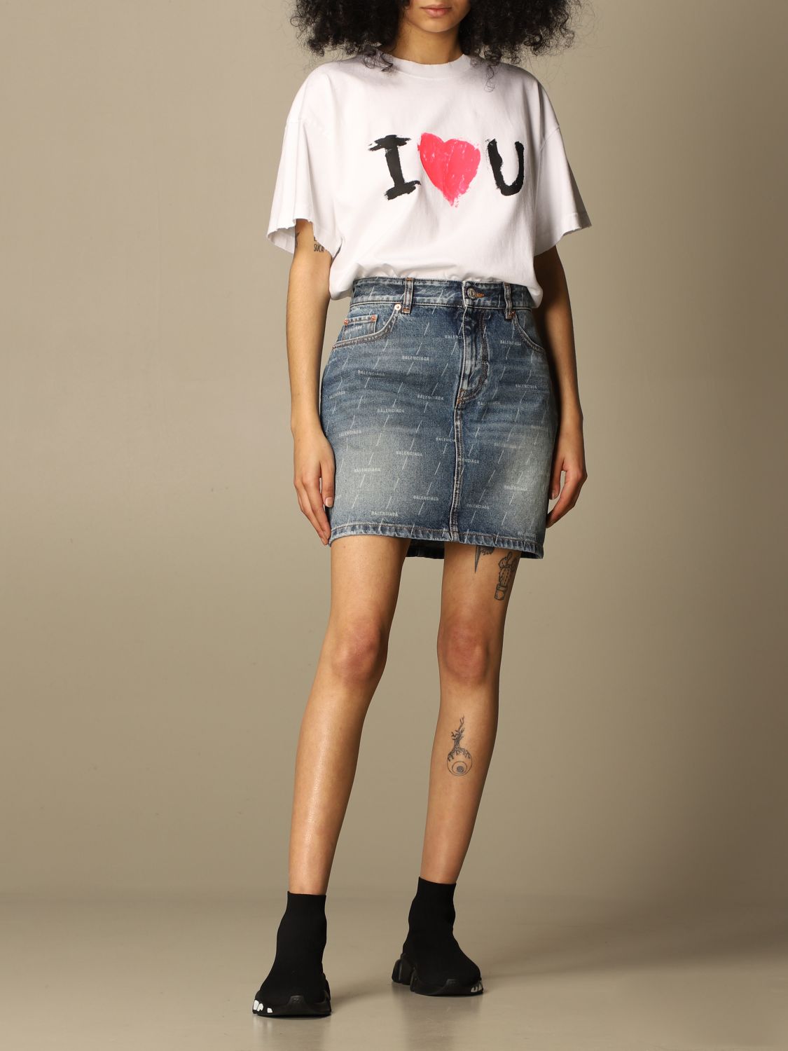 Balenciaga denim skirt with all-over mini logo