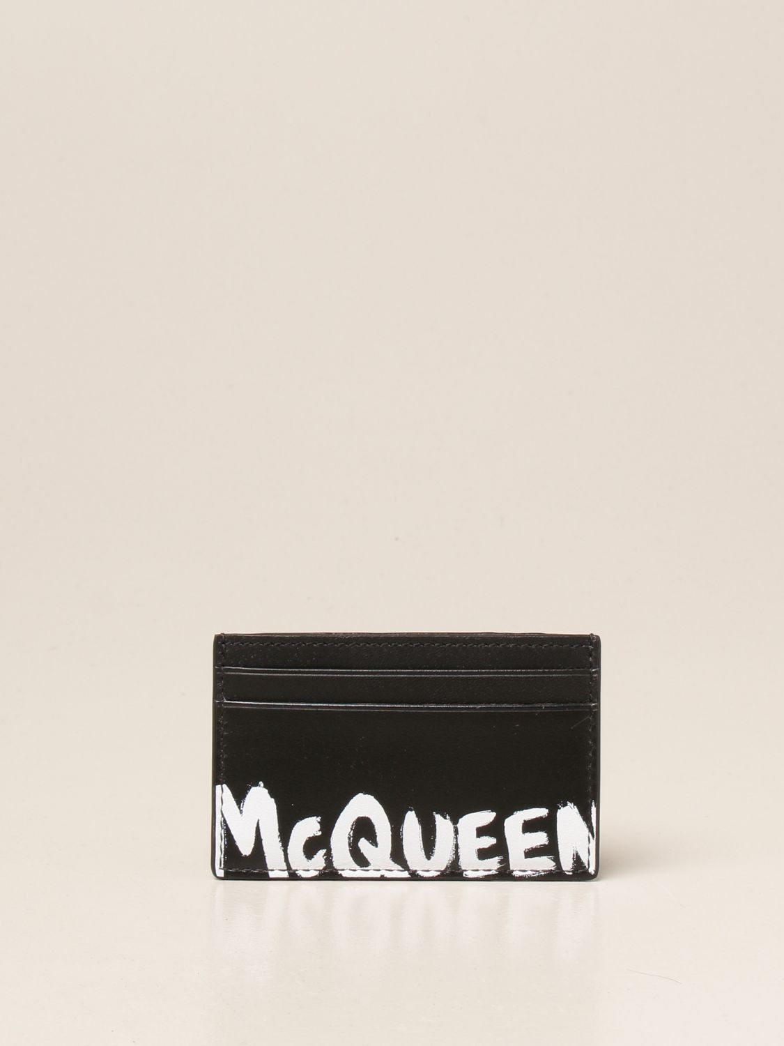ALEXANDER MCQUEEN: credit card holder in leather with logo - Black ...
