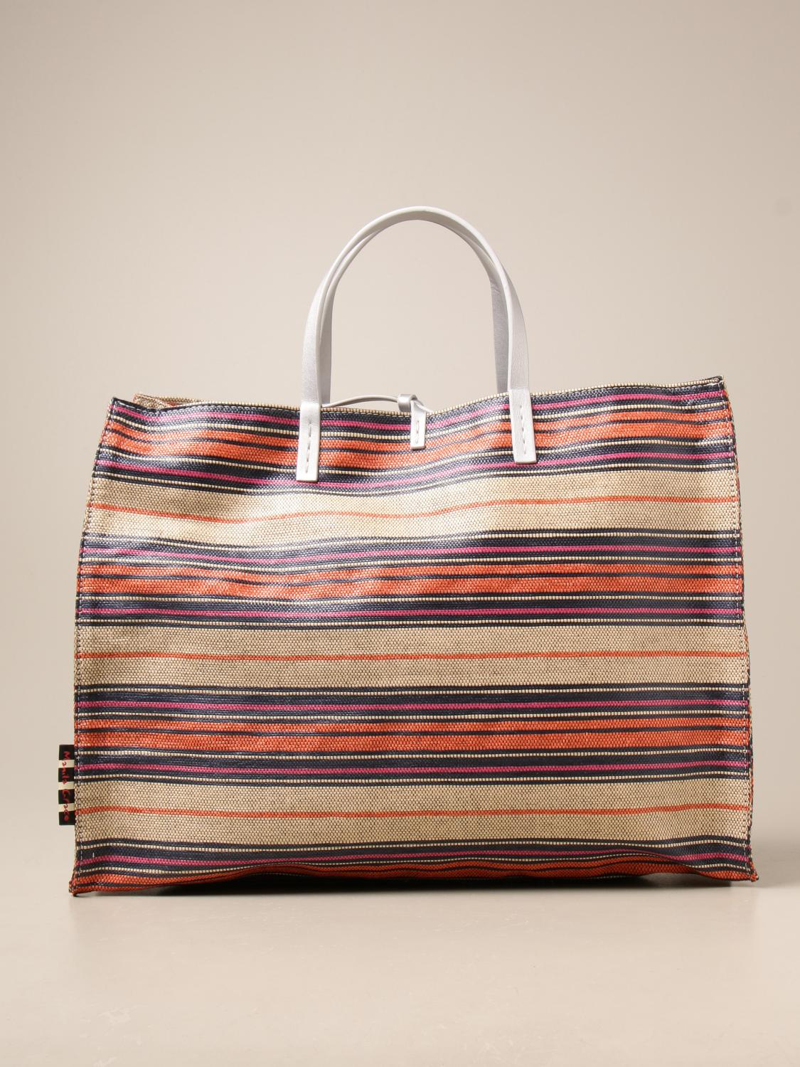 MANILA GRACE Large handbag in striped canvas Blue Manila Grace