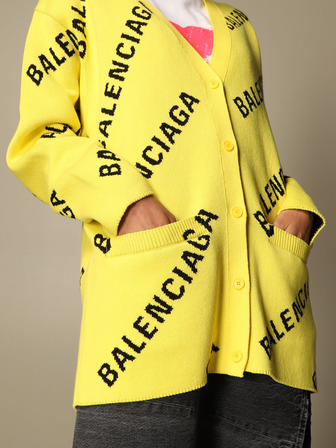 BALENCIAGA: cardigan with all over logo - Yellow | Cardigan Balenciaga ...