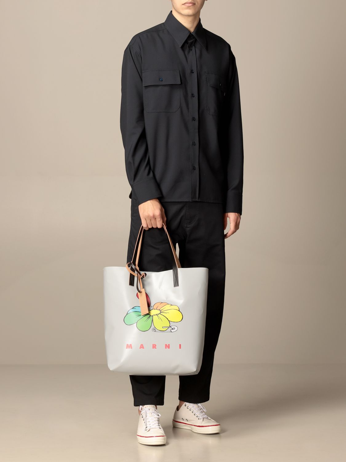 MARNI: tote shopping bag with logo | Bags Marni Men Grey | Bags Marni ...