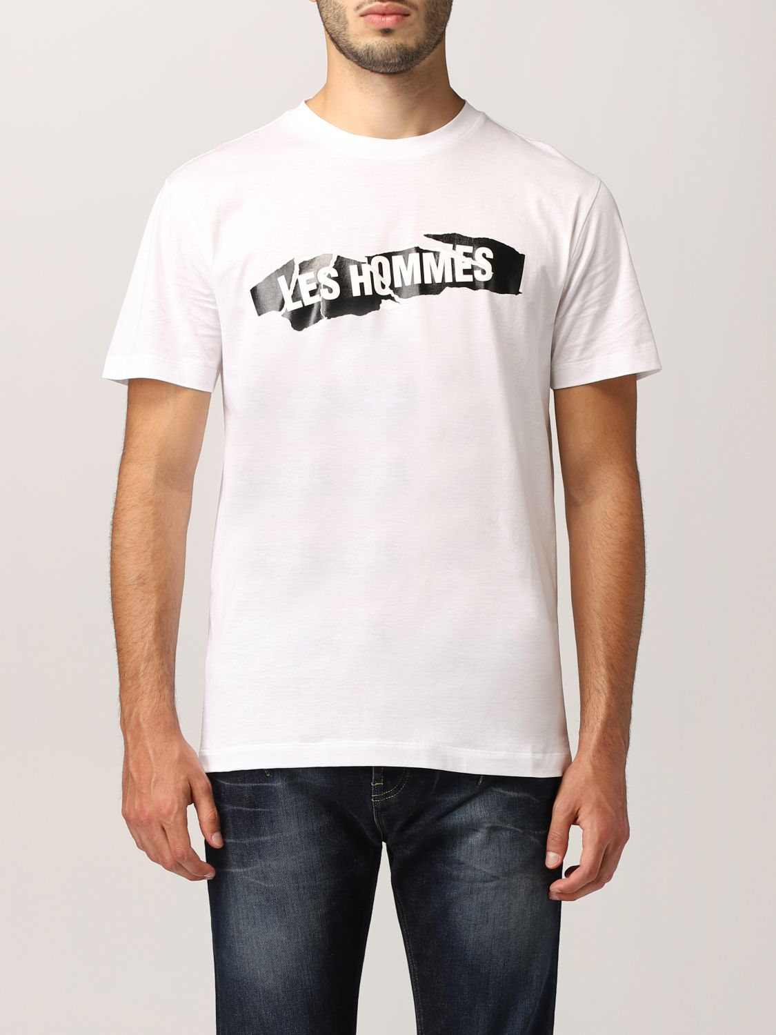 T-shirt Les Hommes: T-shirt Les Hommes in cotone stretch con logo bianco 1