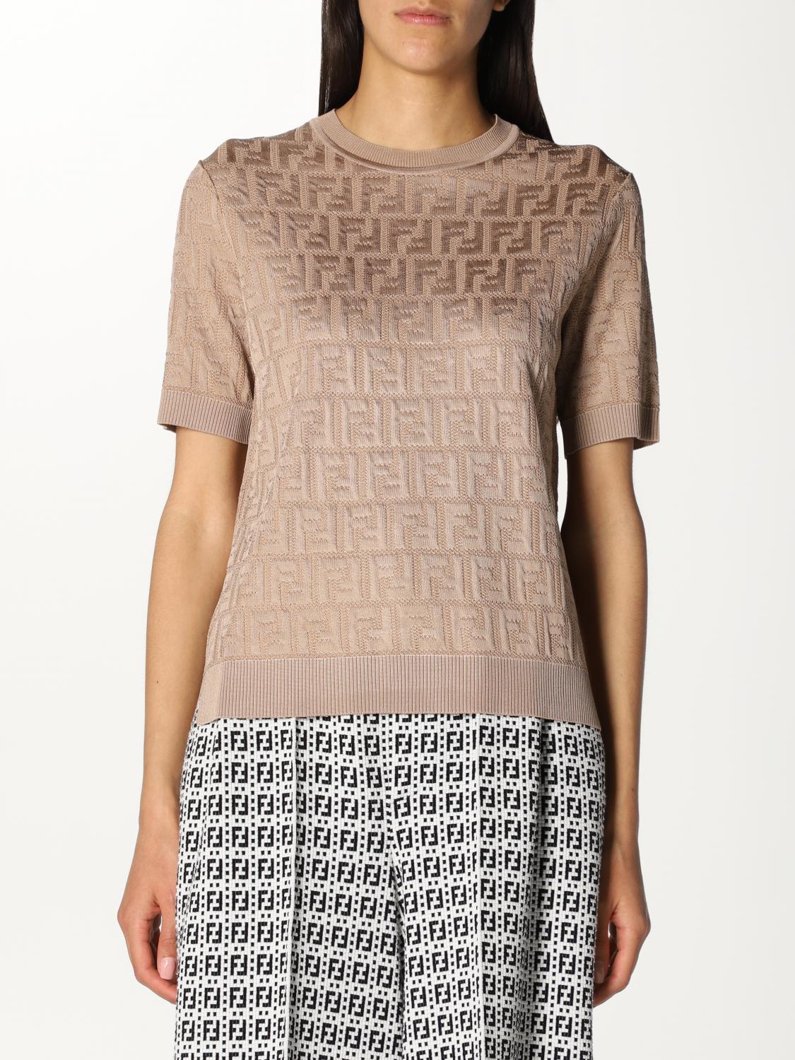 FENDI: crewneck sweater in FF knit - Beige | FENDI sweater FZY934 ABWQ ...