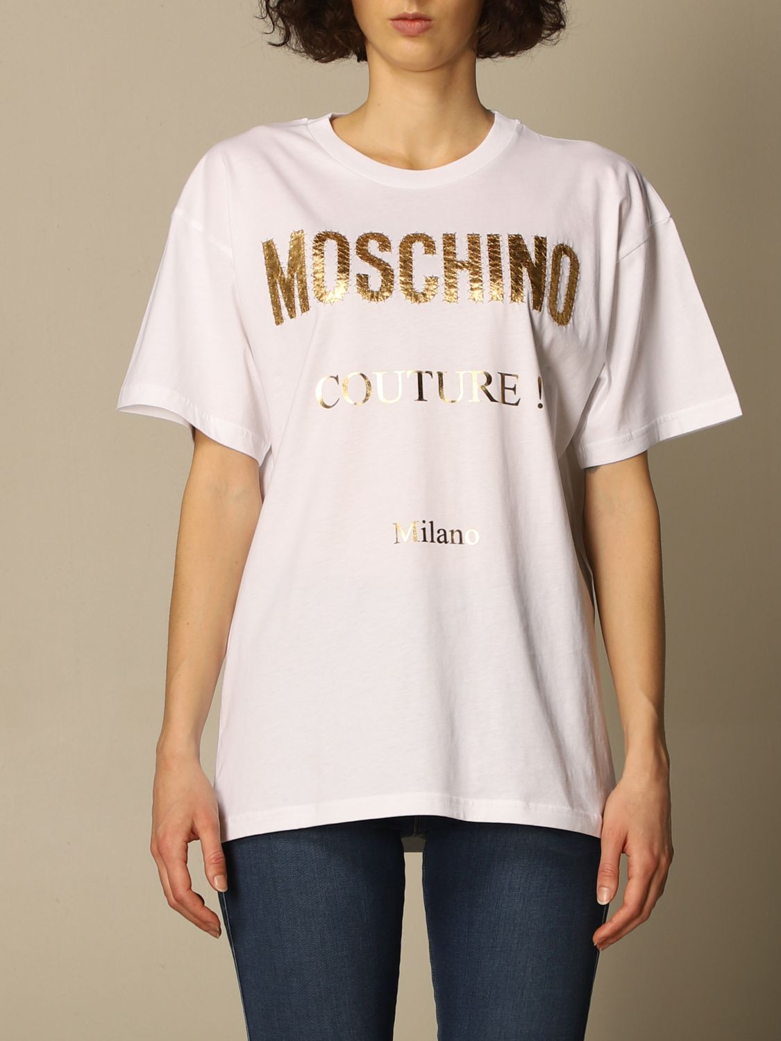 MOSCHINO COUTURE: T-shirt with laminated logo - White | Moschino ...