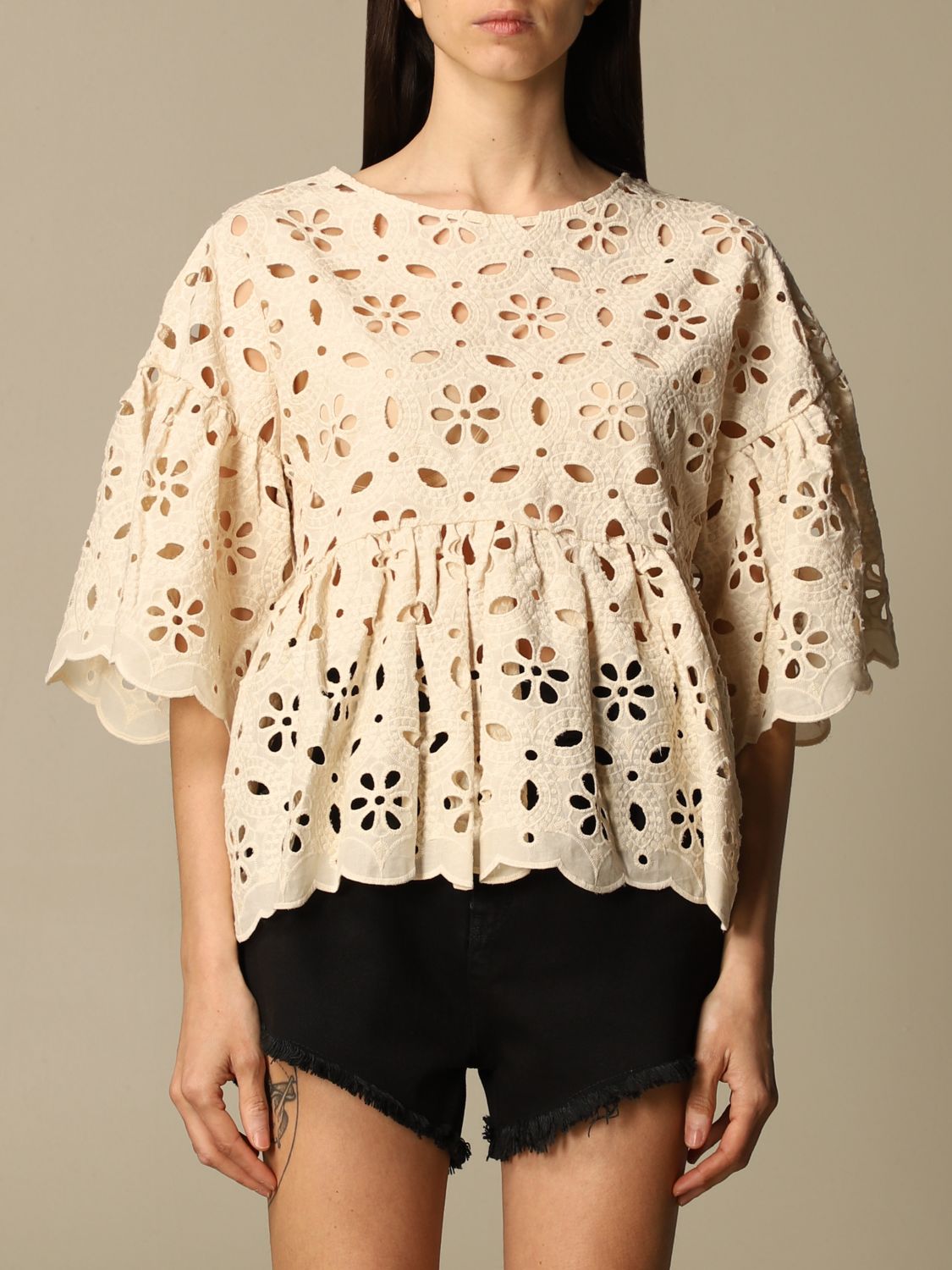 KAOS: blouse in Sangallo lace - Ecru | Kaos top NPJNW002 online on ...