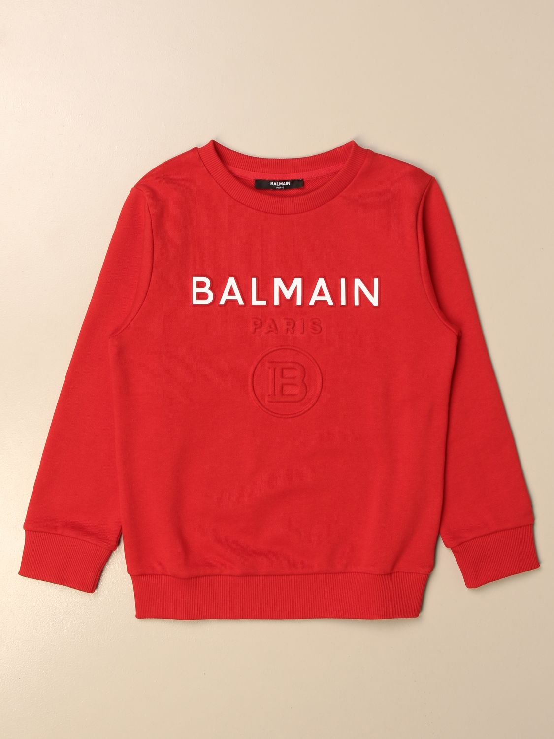 BALMAIN: crewneck sweatshirt in cotton with logo - Red | Balmain ...