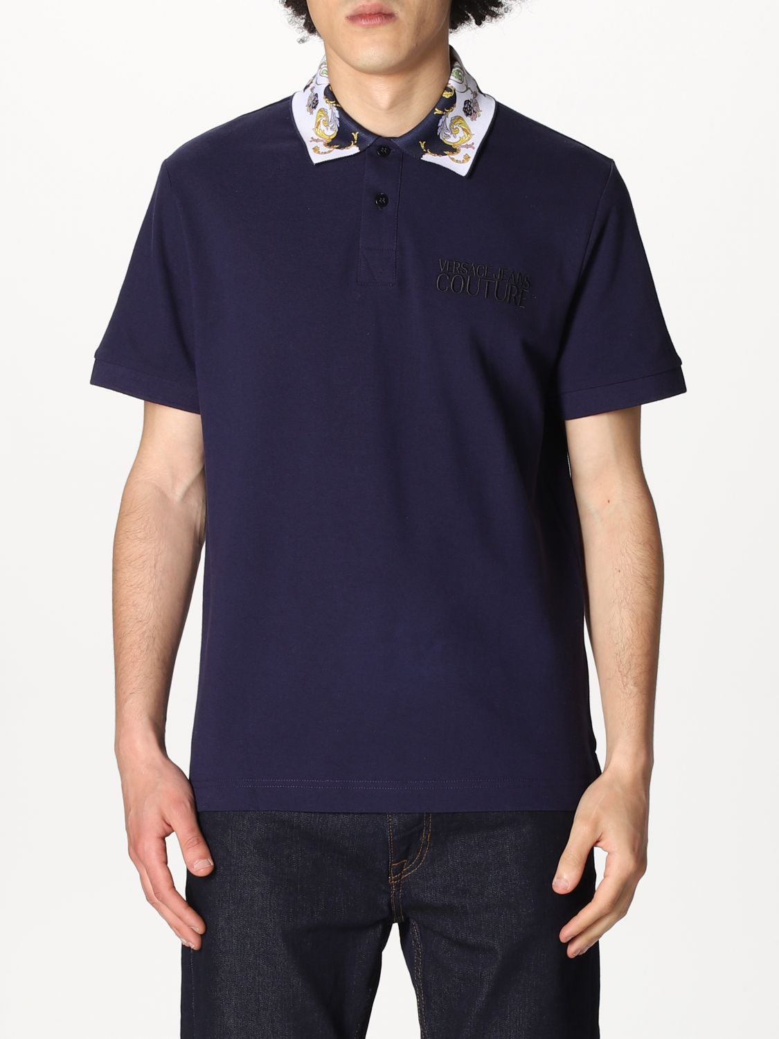 VERSACE JEANS COUTURE: cotton polo shirt with logo - Blue | Polo Shirt ...