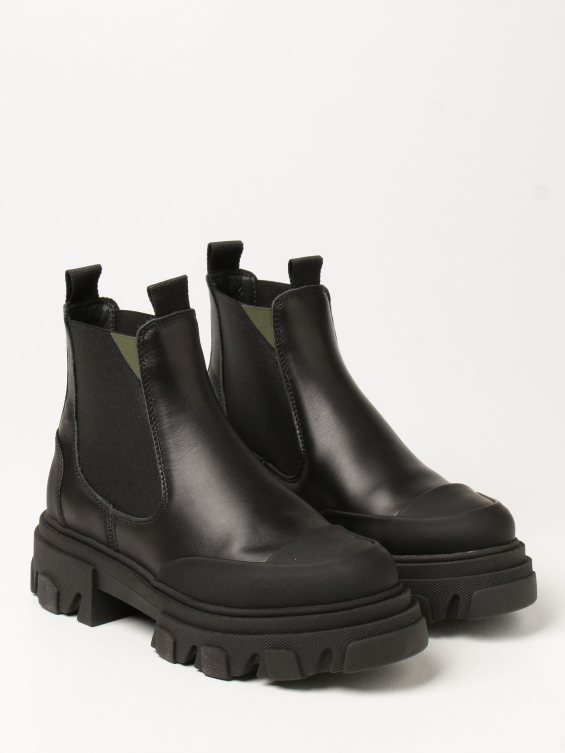 GANNI: ankle boot in leather with tread sole - Black | Flat Booties