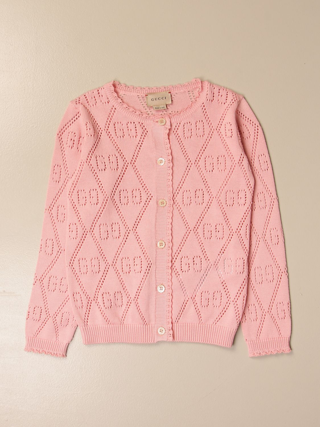 GUCCI: cardigan in GG knit - Pink | GUCCI sweater 642840 XKBQ0 online ...