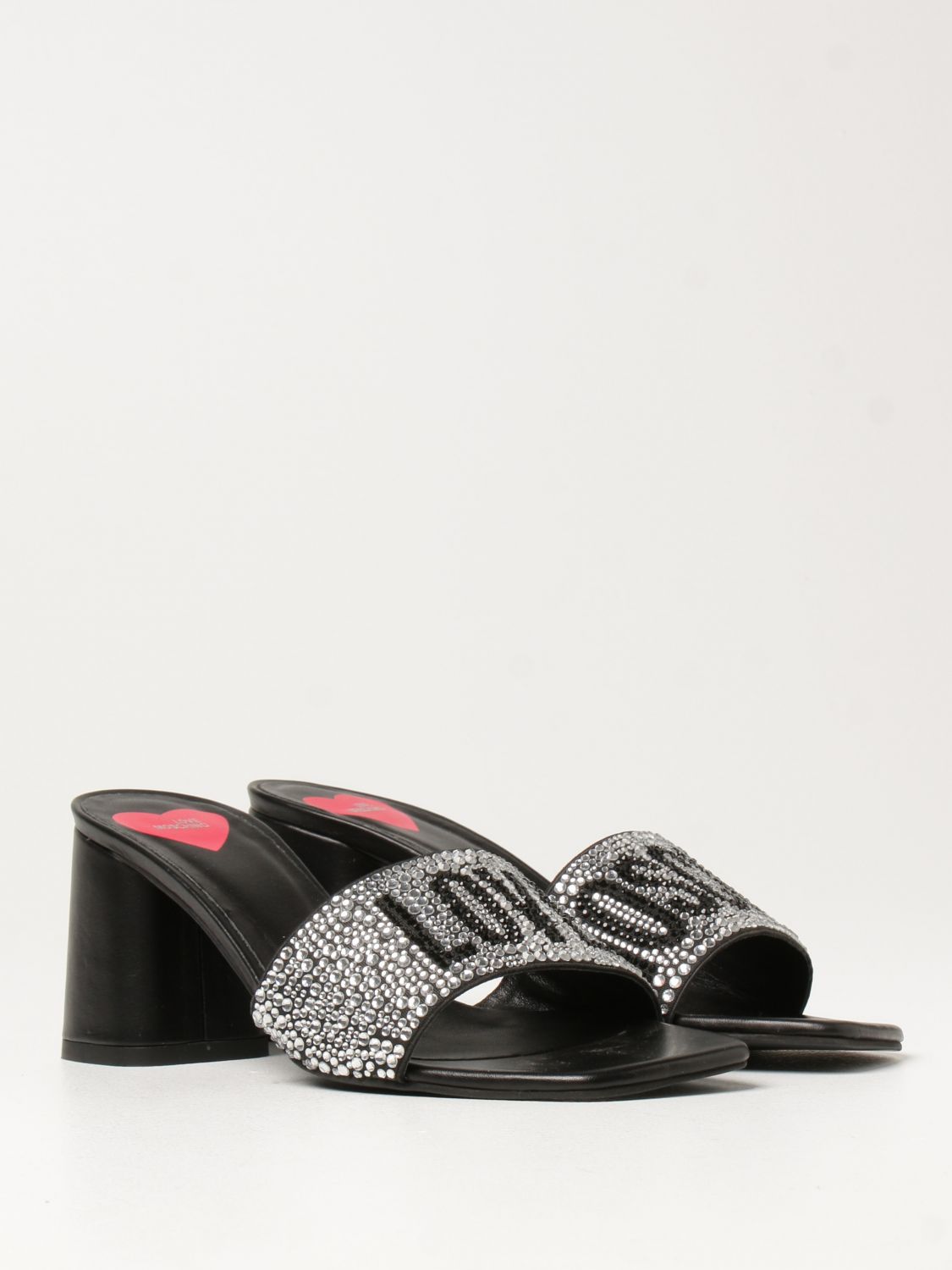 LOVE MOSCHINO: mules with rhinestones - Black | Love Moschino