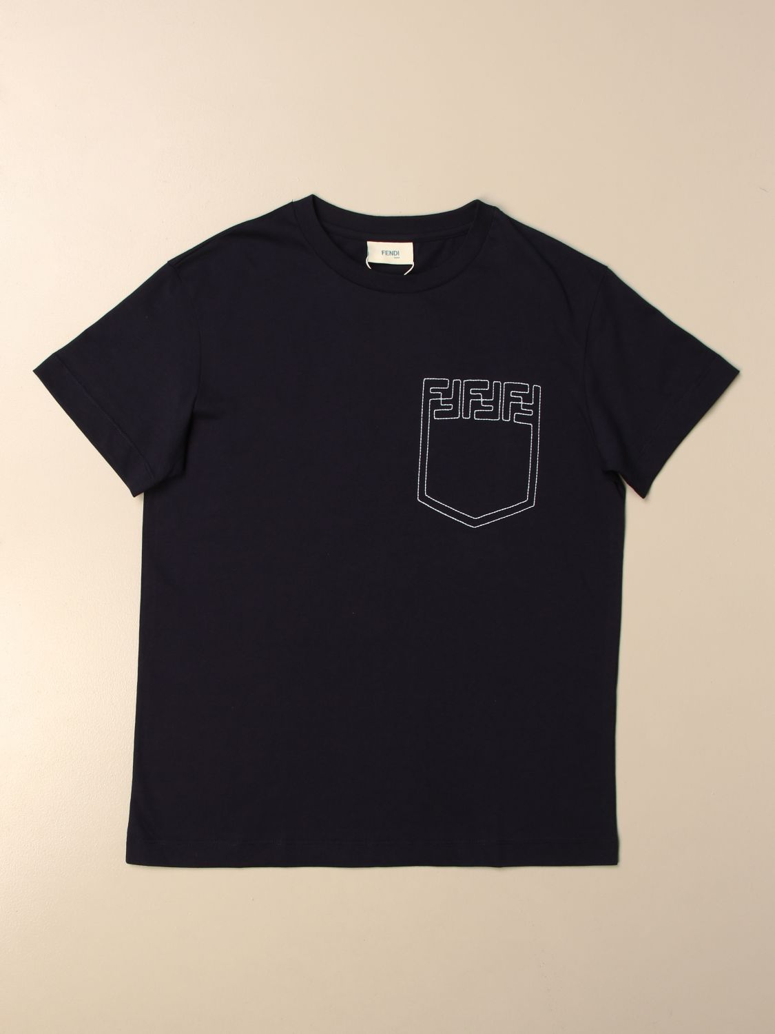 FENDI: T-shirt with fake FF pocket - Blue | Fendi t-shirt JMI364 7AJ