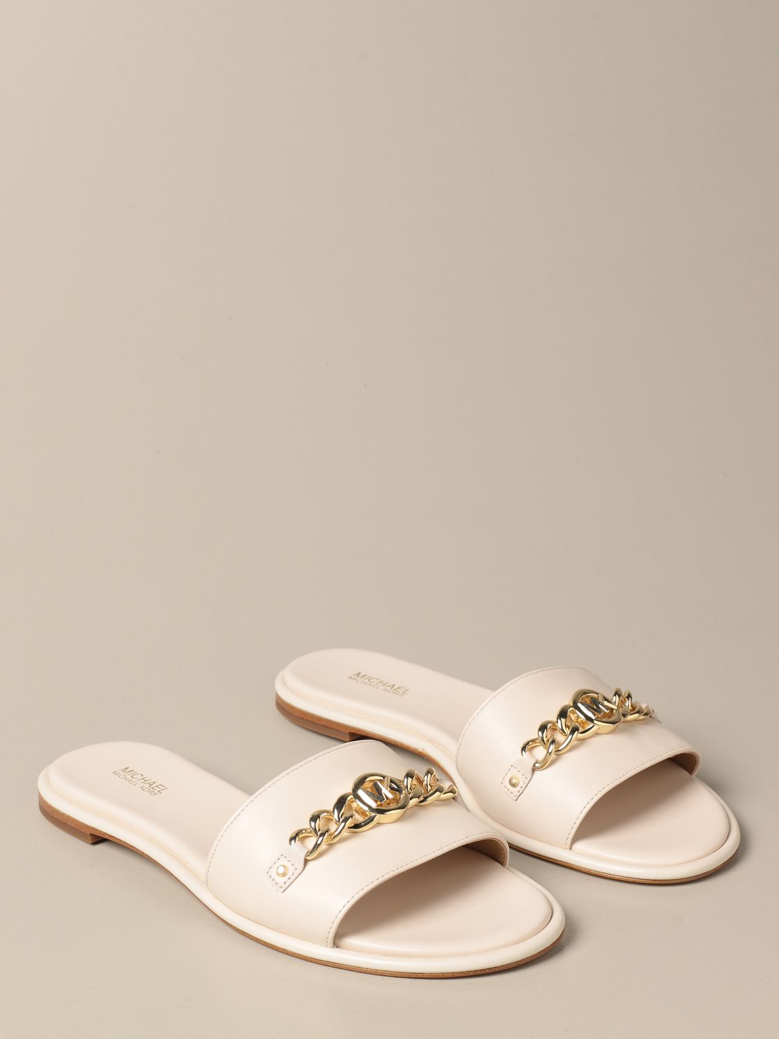 MICHAEL MICHAEL KORS: flat sandals in leather with chain - Cream | Flat ...