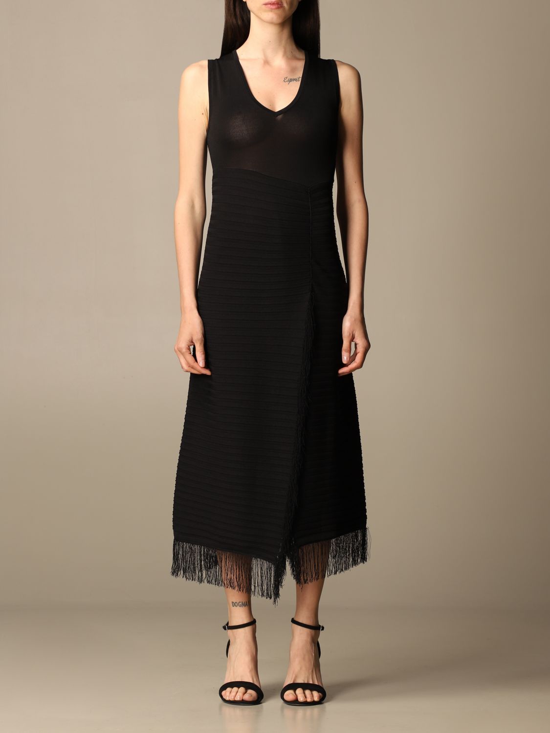 PINKO: knit dress with fringes - Black | Pinko dress 1G15ZA-Y6X8 online ...