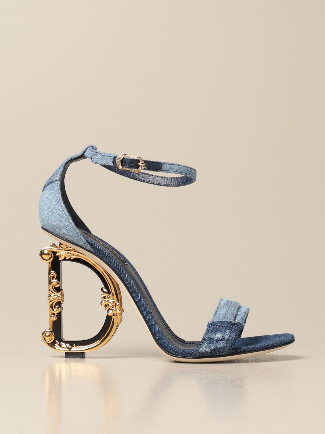 DOLCE & GABBANA: denim sandal with DG heel - Blue | Heeled Sandals ...