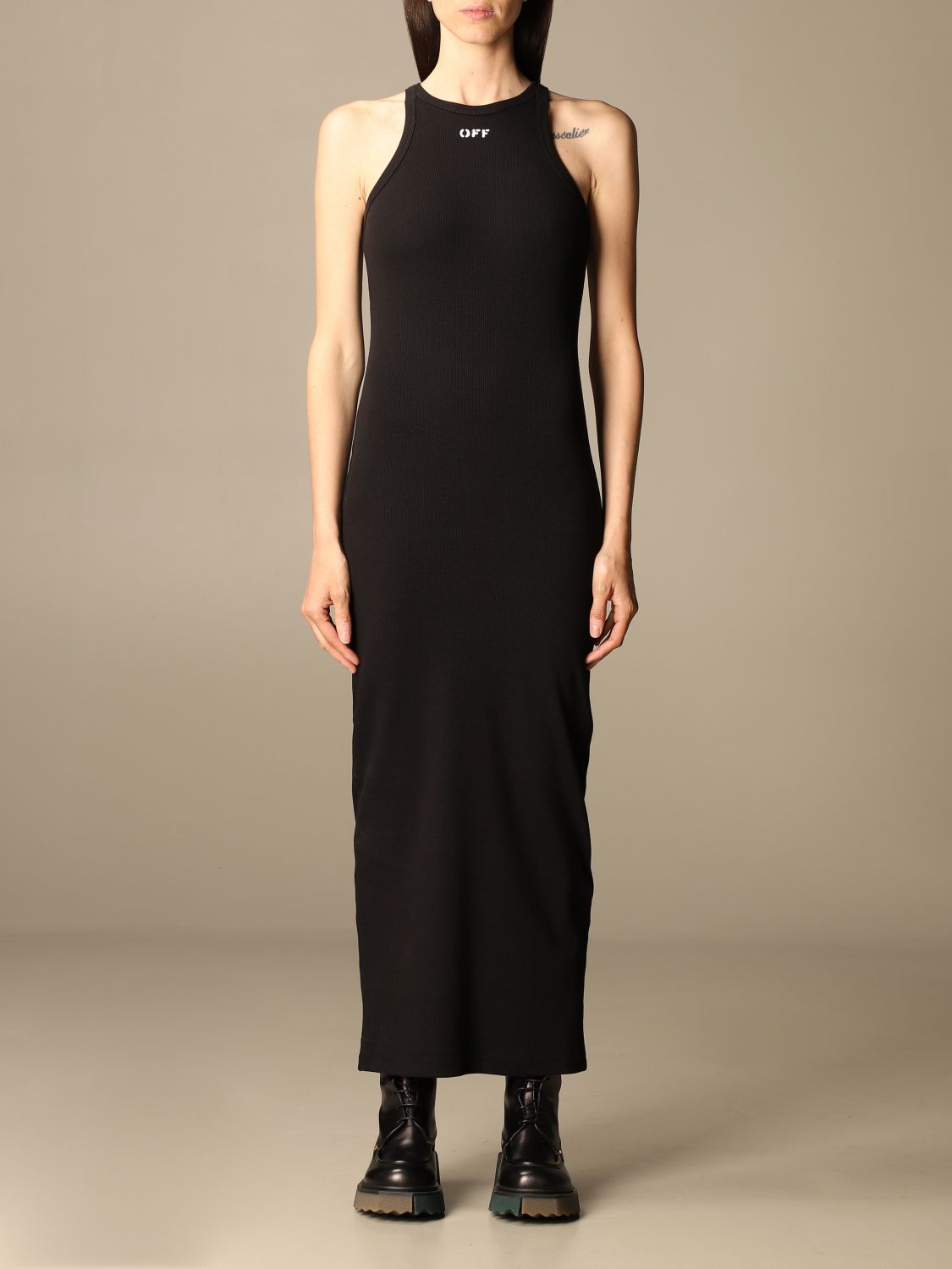 OFF-WHITE: Off White long dress in cotton knit - Black | Off-White