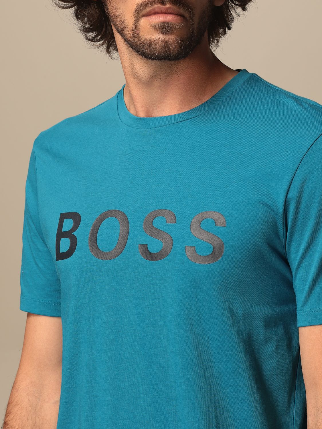 BOSS: cotton t-shirt with big logo | T-Shirt Boss Men Turquoise | T ...