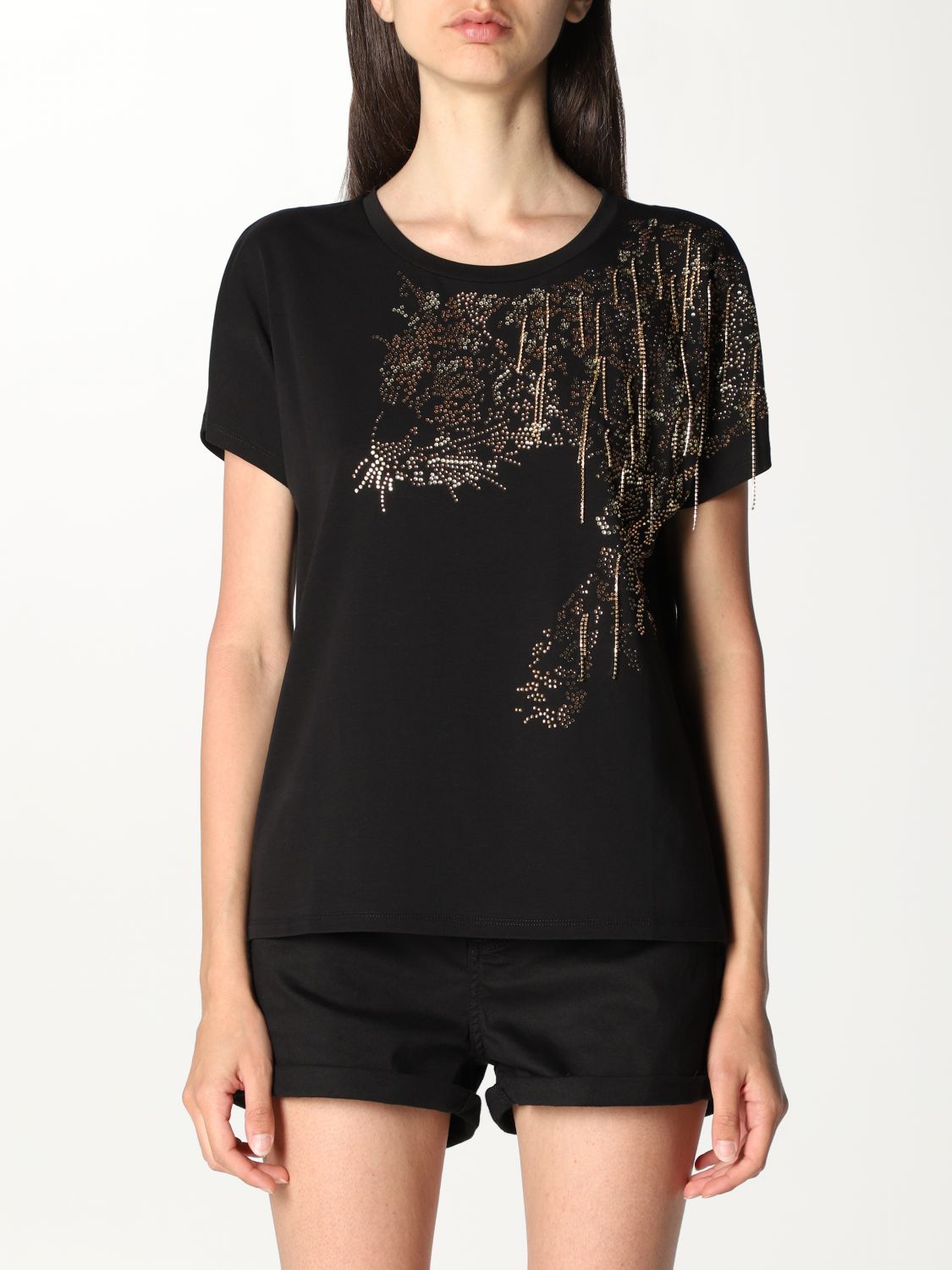 LIU JO: T-shirt with rhinestones - Black | Liu Jo t-shirt CA1166J5003 ...