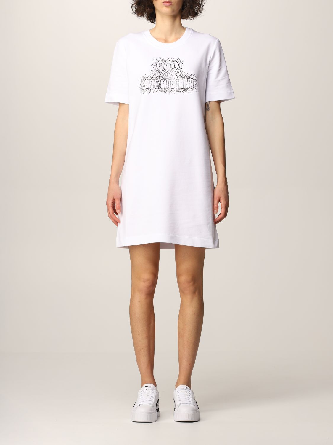 LOVE MOSCHINO: t-shirt dress with rhinestone logo | Dress Love Moschino ...