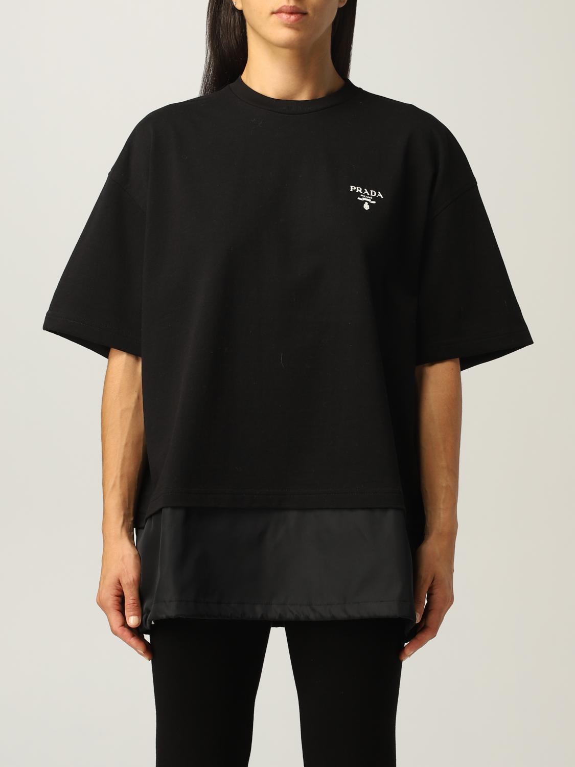 PRADA: cotton and re-nylon T-shirt with inlaid logo - Black | Prada t-shirt  135694 1YYA online on 