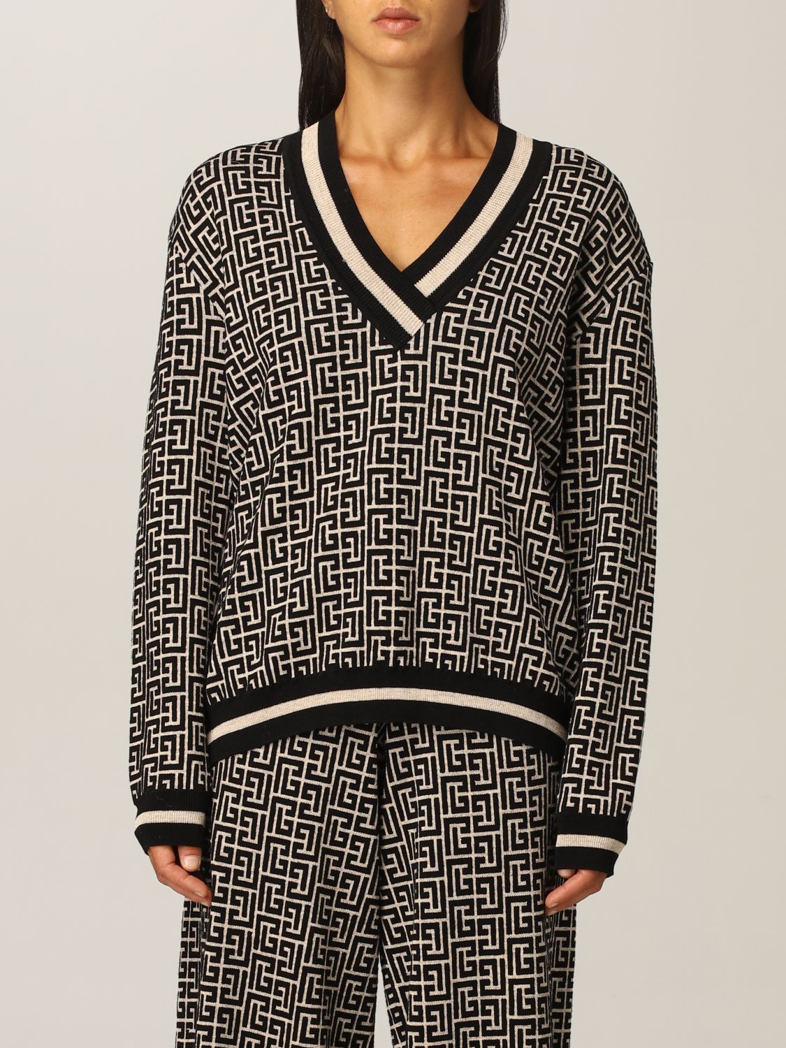 BALMAIN: v-neck sweater with monogram - Ivory | Sweater Balmain ...