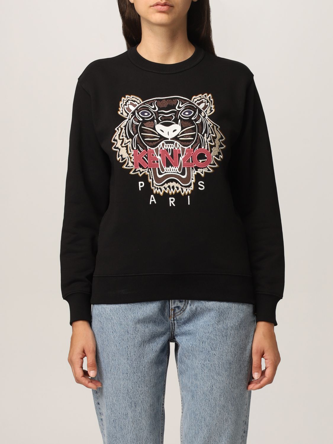KENZO: sweatshirt with embroidered tiger - Black | Kenzo sweatshirt ...