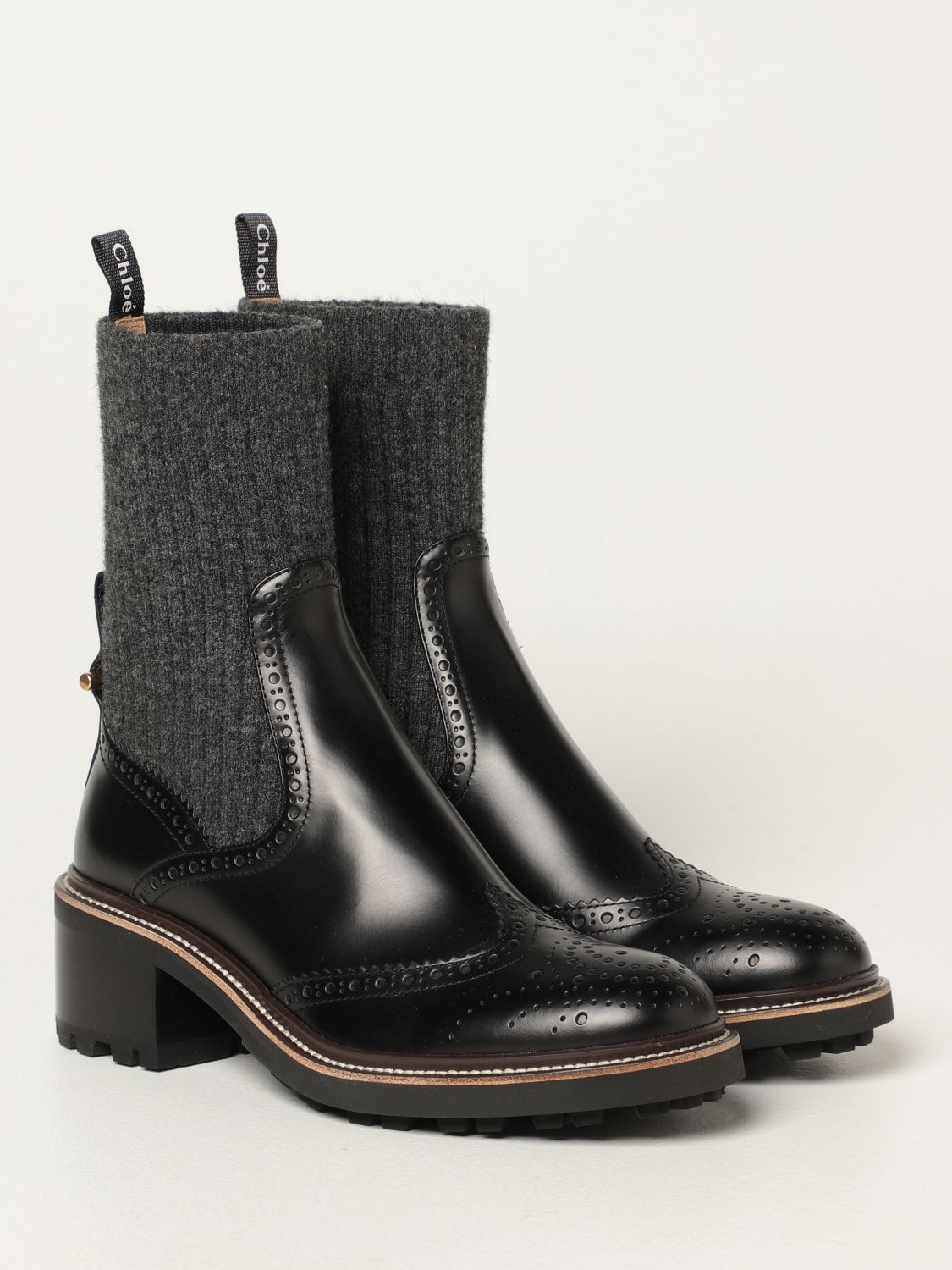 Flat booties Chloé: Chloé ankle boot in leather and knit black 2