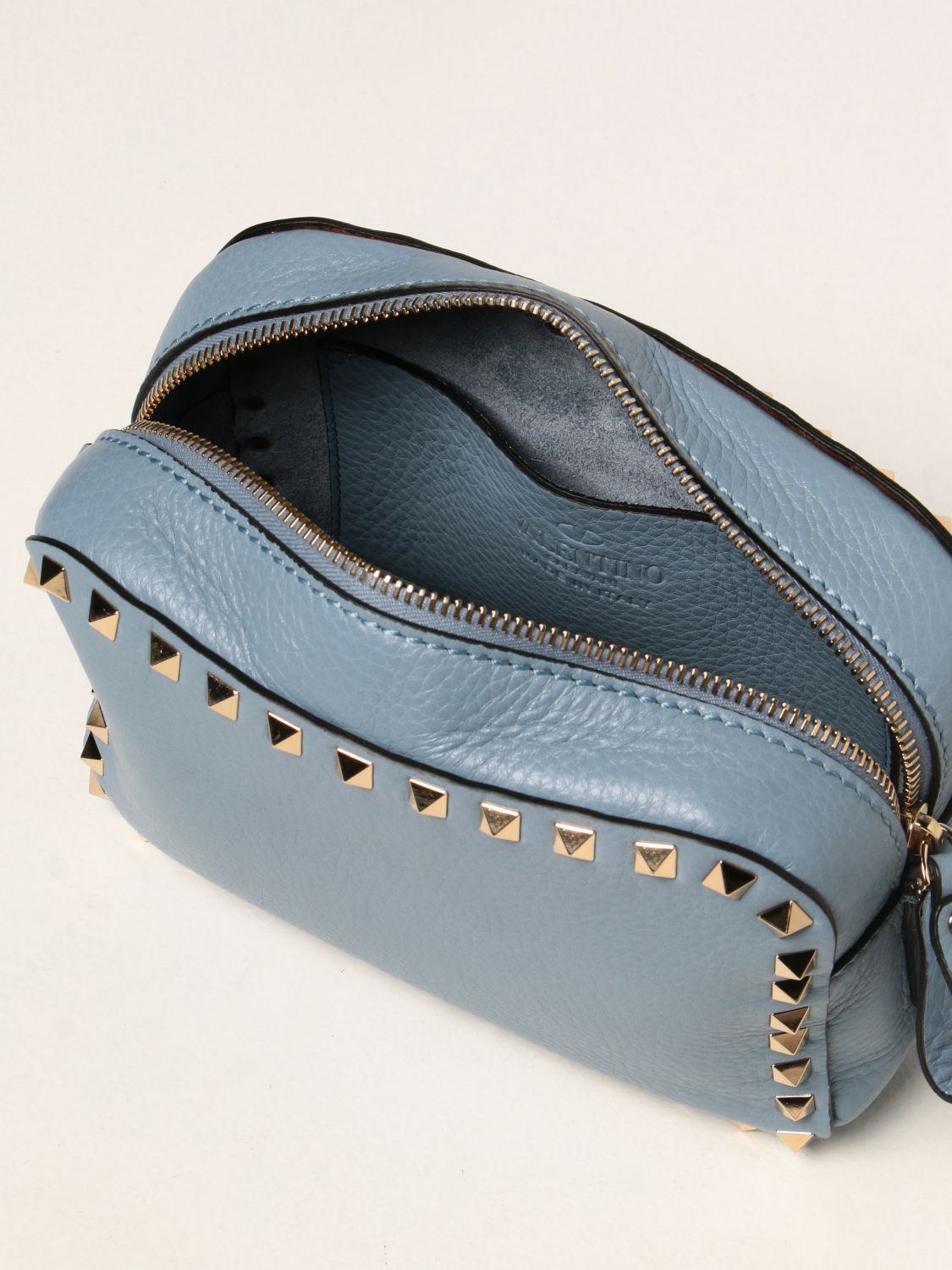 VALENTINO GARAVANI: Rockstud leather crossbody bag - Gnawed Blue