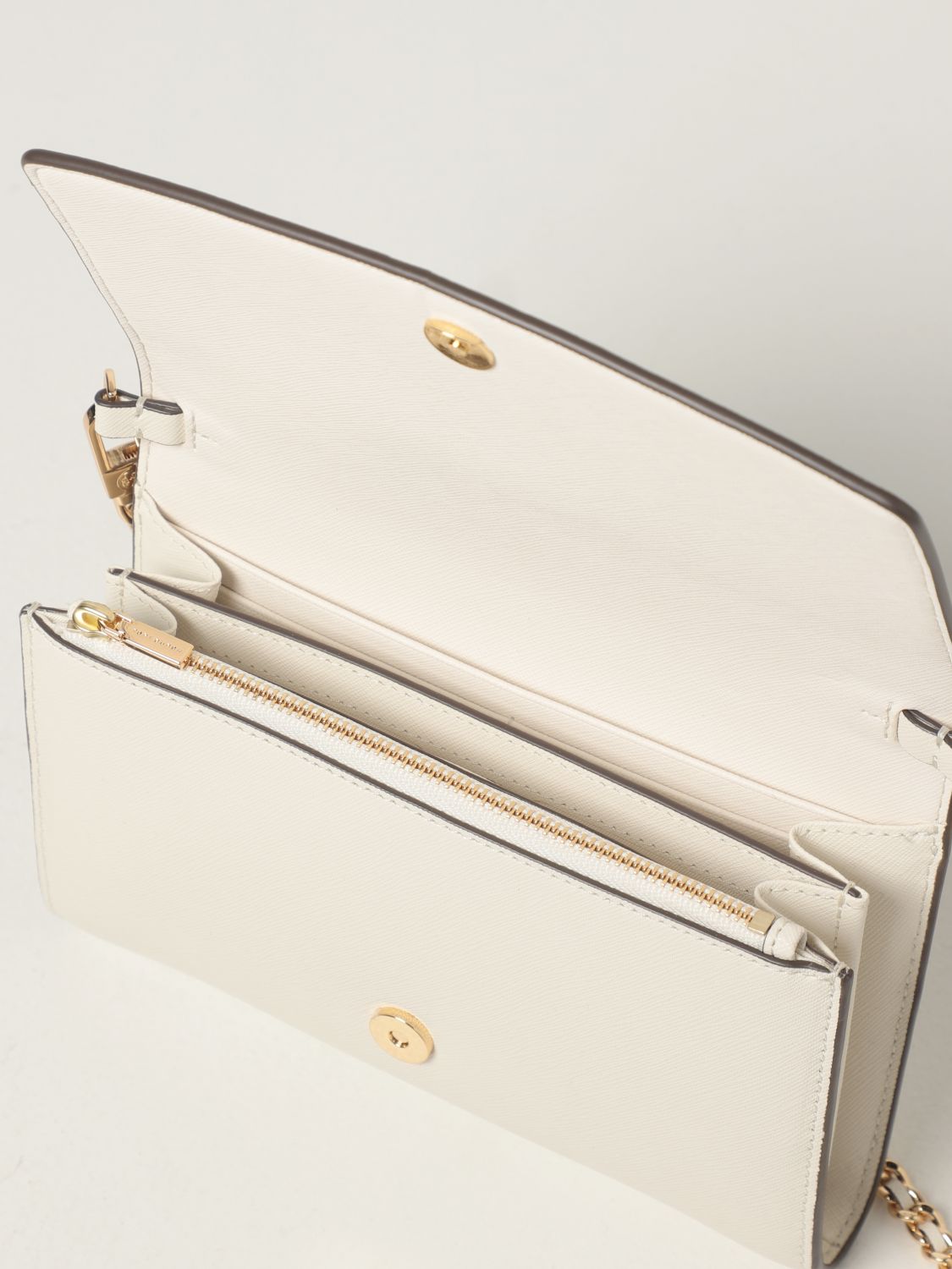 TORY BURCH: Robinson chain wallet bag in saffiano leather - White
