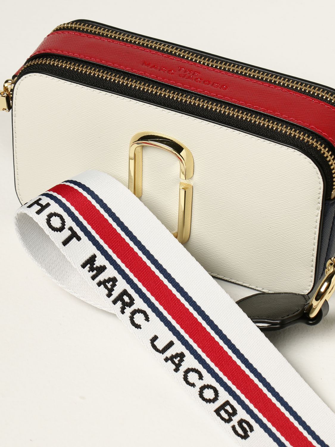 MARC JACOBS: The Snapshot bag in tricolor saffiano leather - White