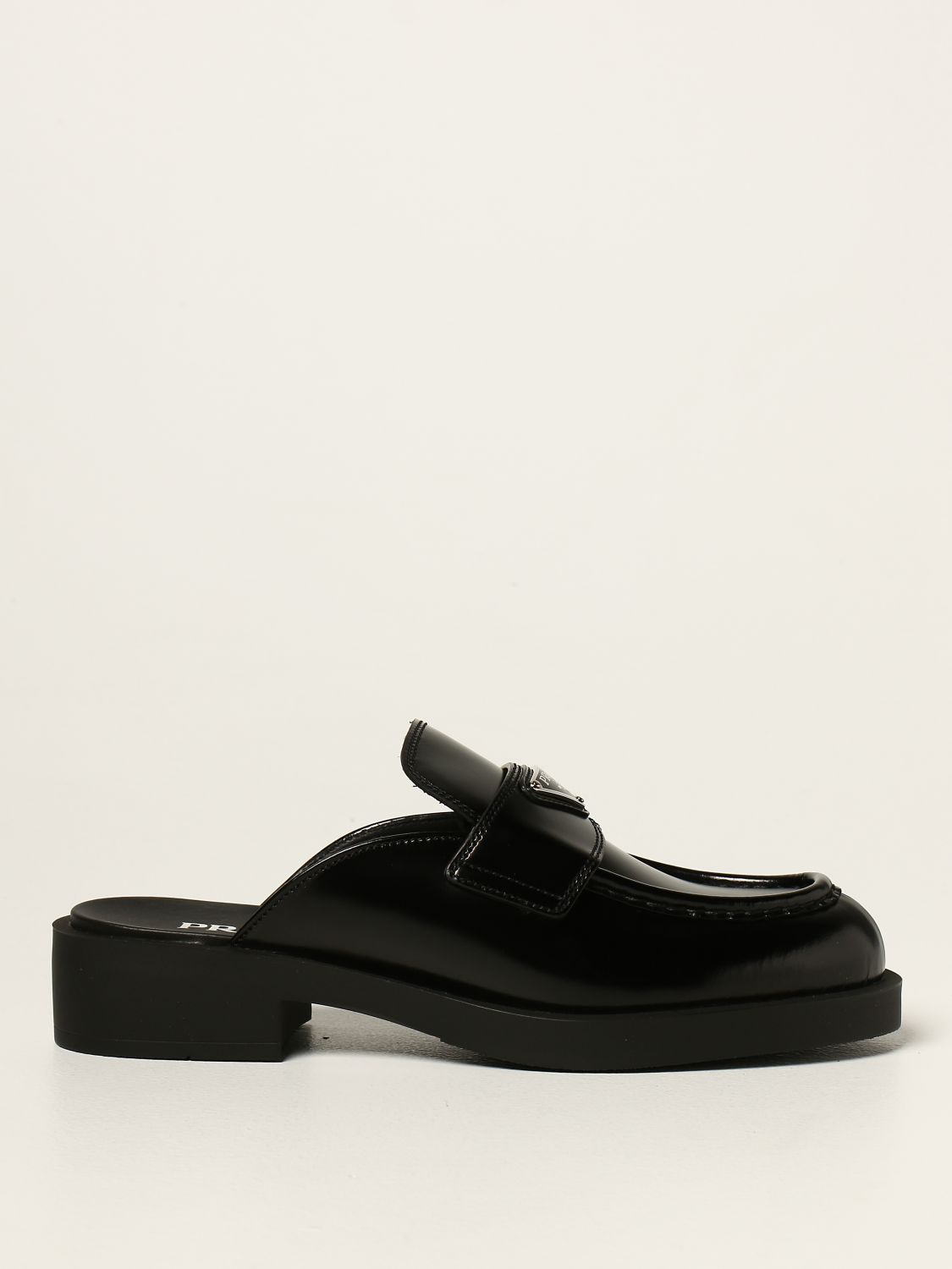PRADA: sabot in brushed leather with logo - Black | Prada high heel ...