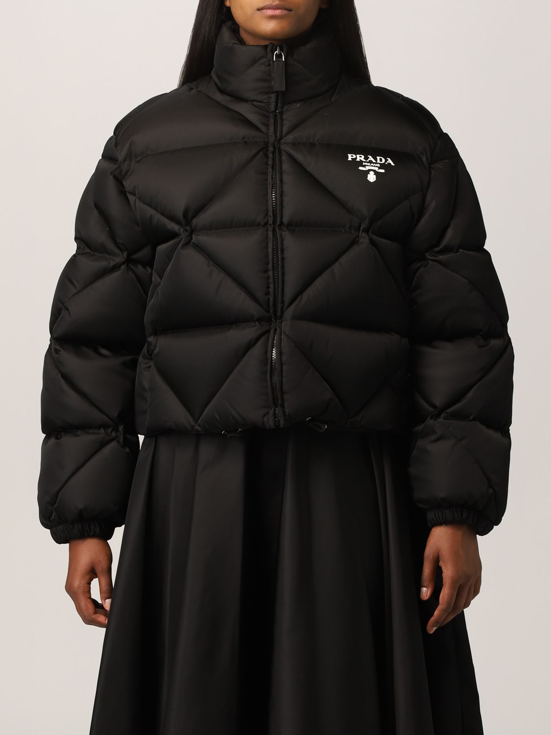 PRADA: down jacket in cropped nylon - Black | Prada jacket 291947 1WQ8 ...