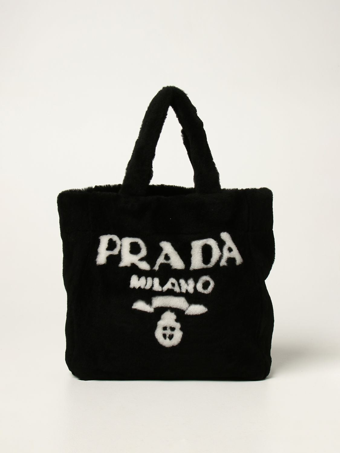 PRADA: sheepskin bag with logo - Black  Prada tote bags 1BG374 2EC9 online  at