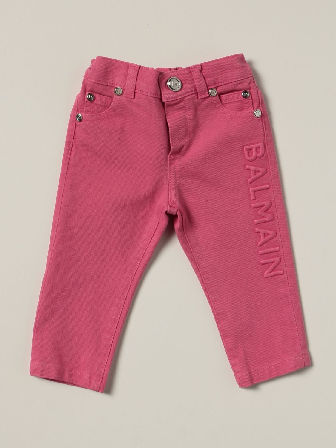 Balmain Babies' Skinny Jeans With Embroidered Logo In Fuchsia