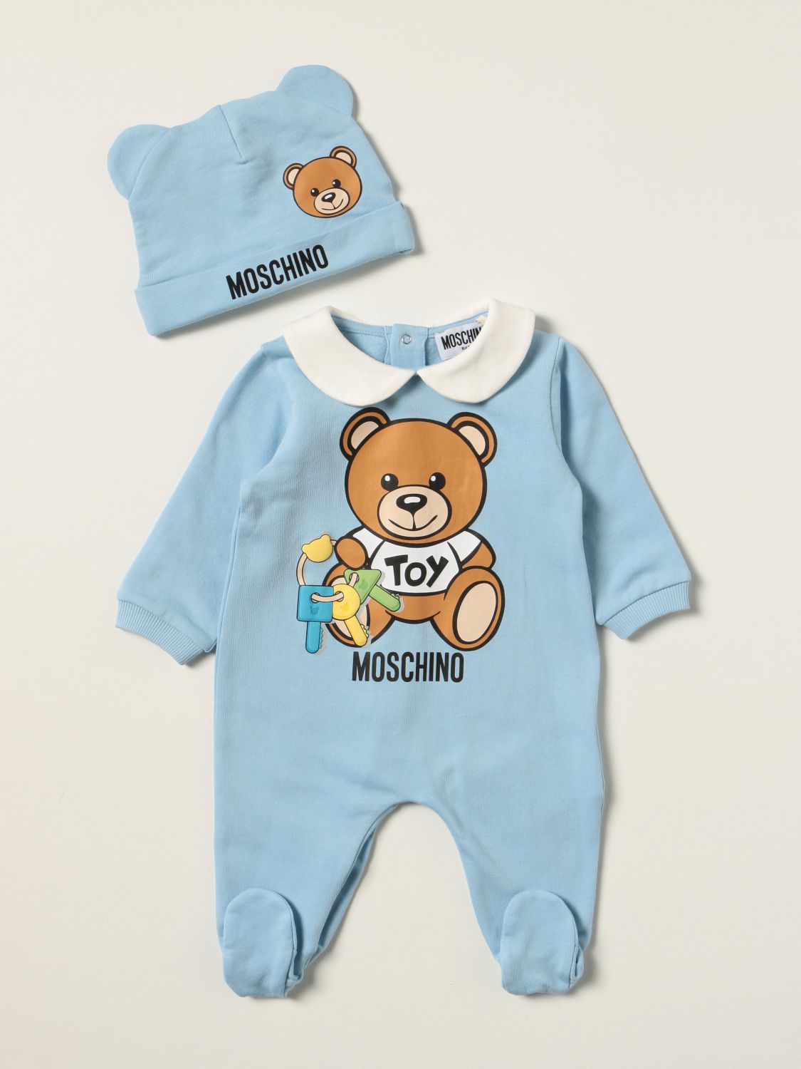 dilemma cel Vouwen MOSCHINO BABY: Romper set with foot + hat - Blue | Moschino Baby pack  MUY03G LDA31 online on GIGLIO.COM