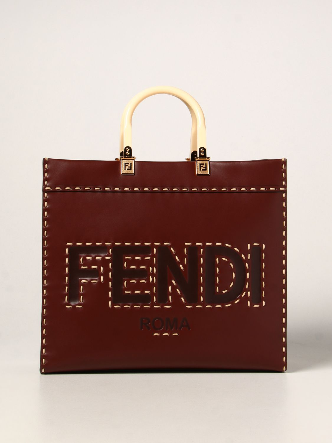 FENDI: Sunshine leather bag with big Roma logo - Brown | Tote Bags