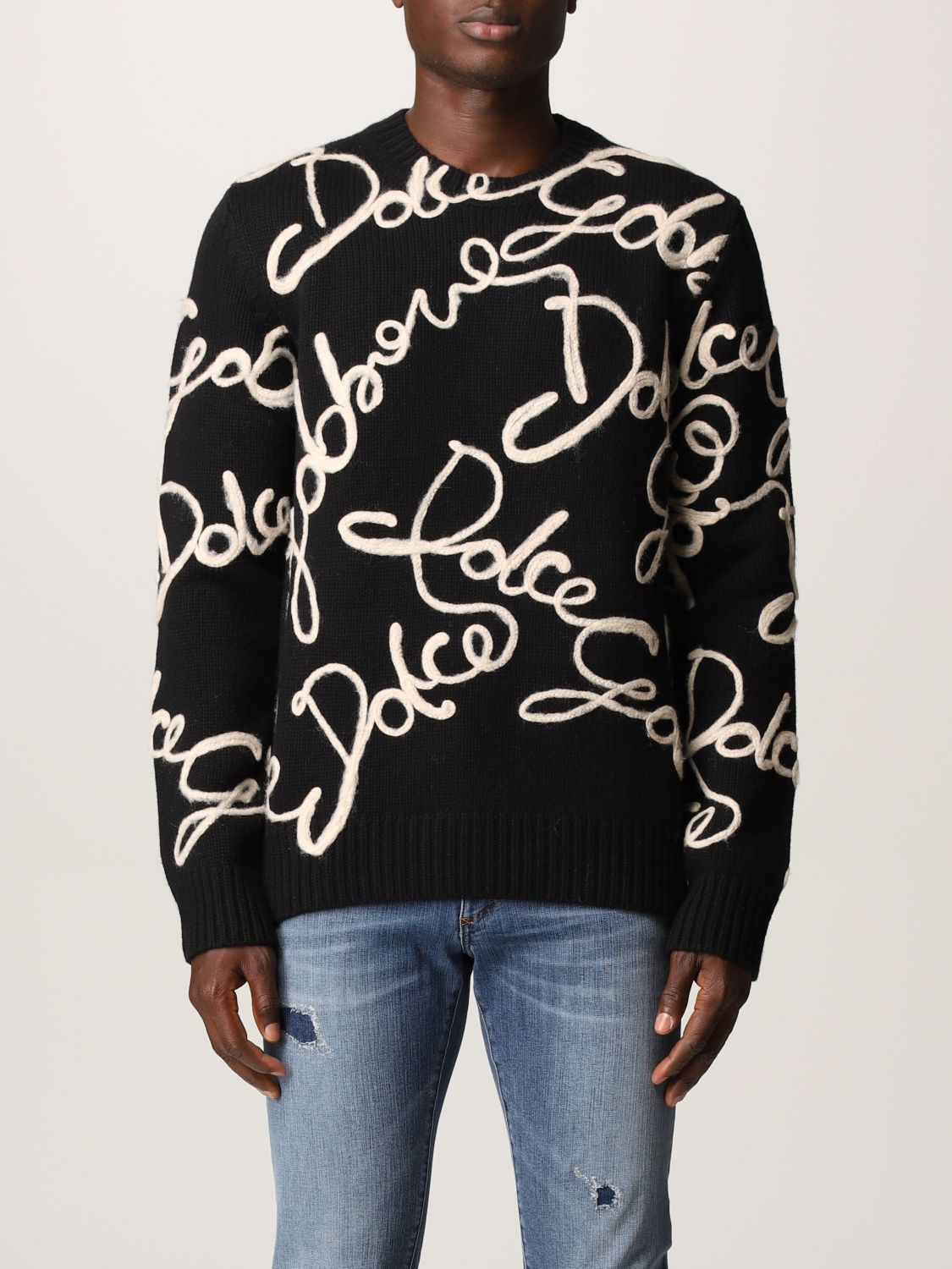 DOLCE & GABBANA: virgin wool blend sweater with all over logo - Black ...