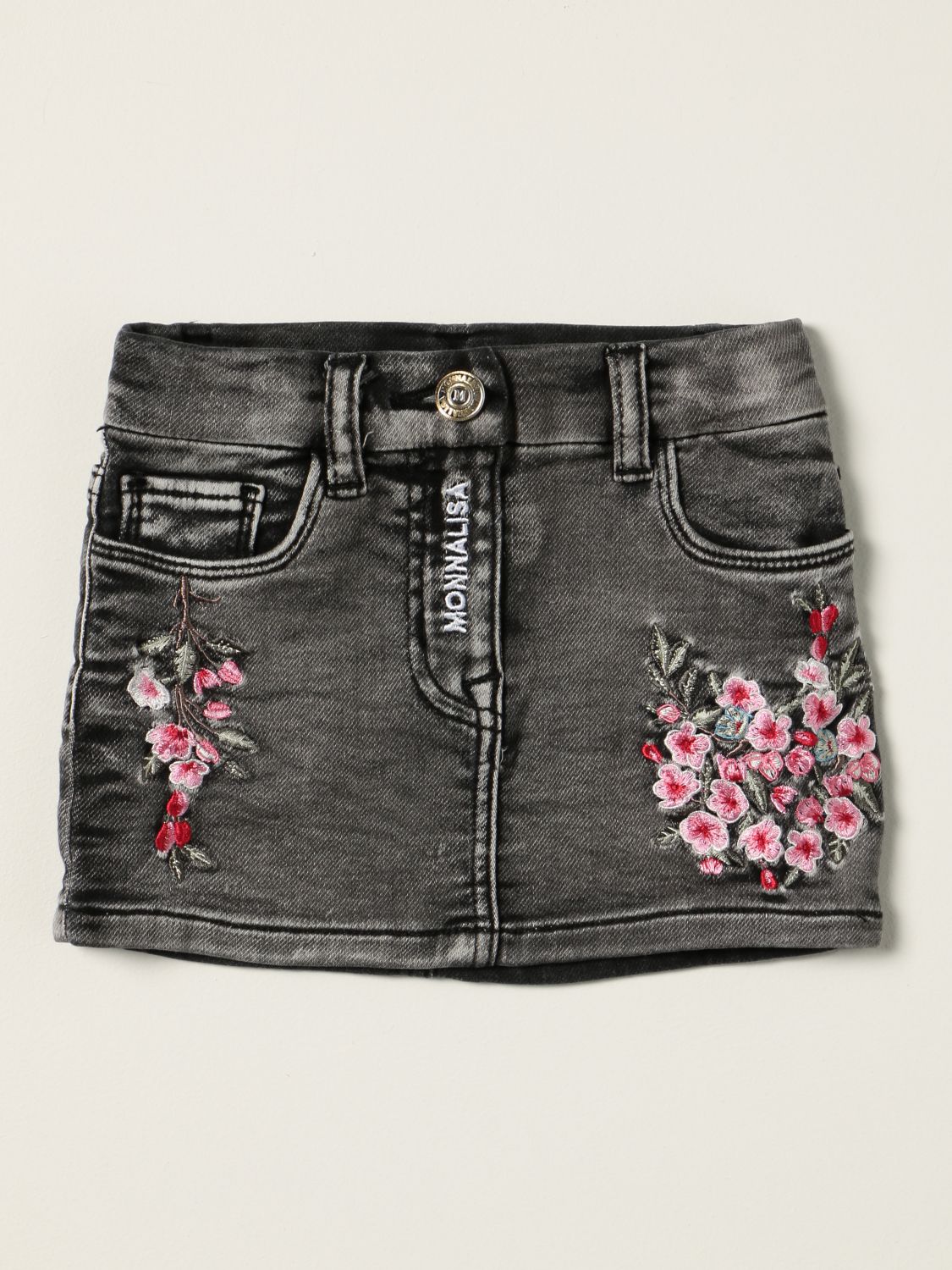 Skirt Monnalisa: Monnalisa denim skirt with floral embroidery black 1