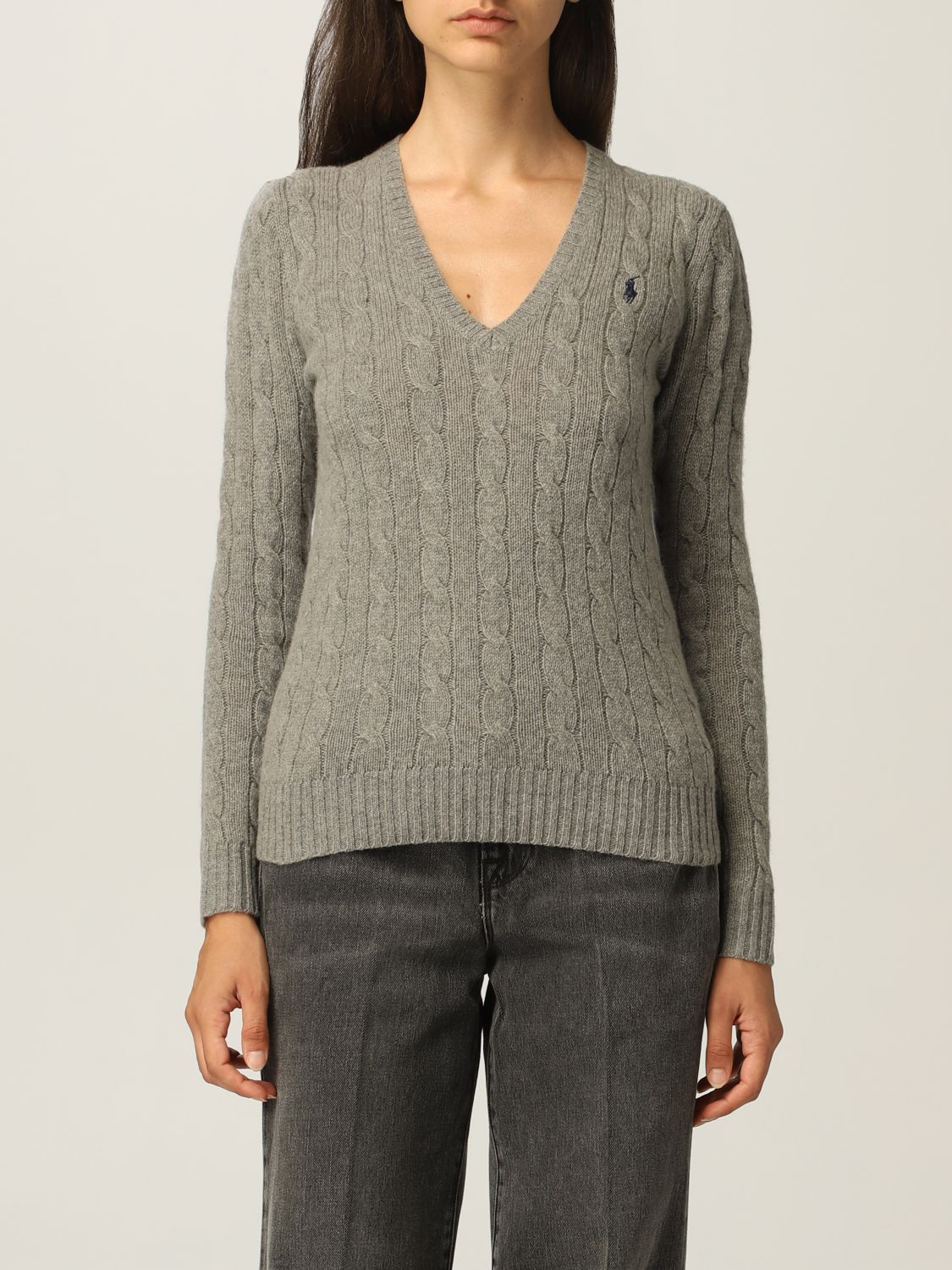 POLO RALPH LAUREN: v-neck sweater in cable-knit wool - Grey | Polo Ralph  Lauren sweater 211508656 online on 