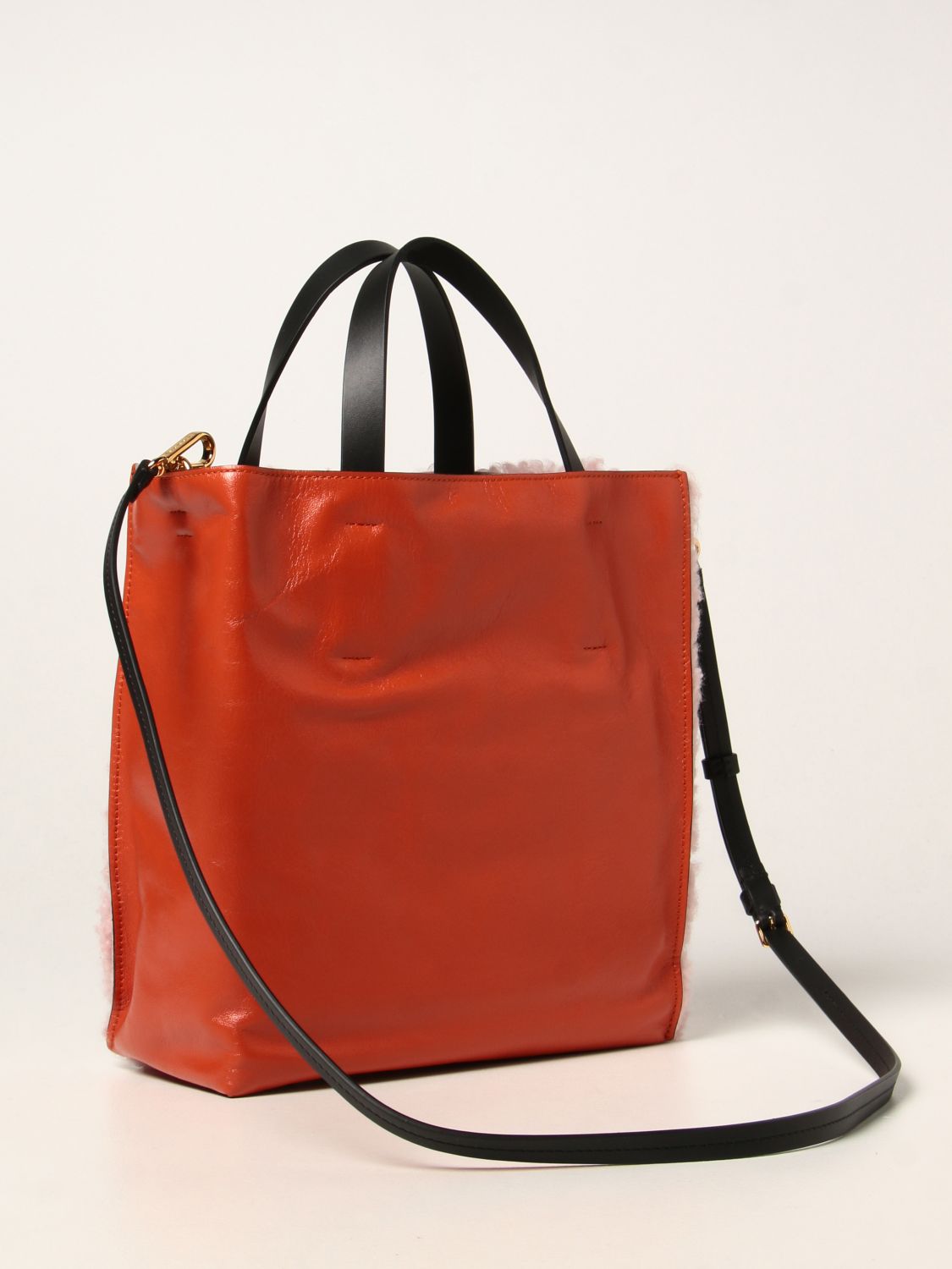 MARNI: shopping bag in leather and sheepskin - Pink | Marni tote bags ...