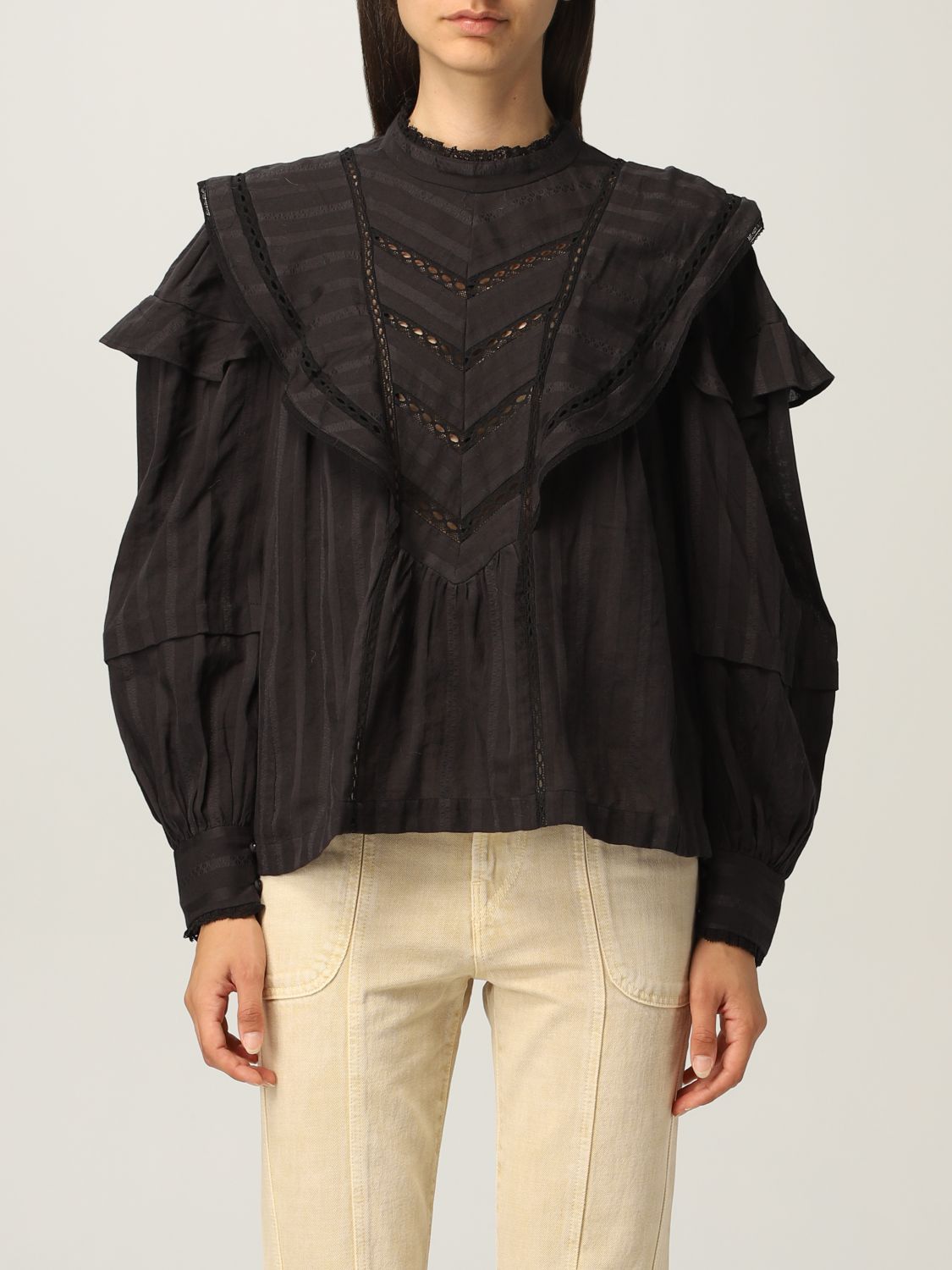 stof in de ogen gooien Verstrikking onderpand ISABEL MARANT ETOILE: cotton blouse with ruffles - Black | Isabel Marant  Etoile top HT182921A025E online on GIGLIO.COM