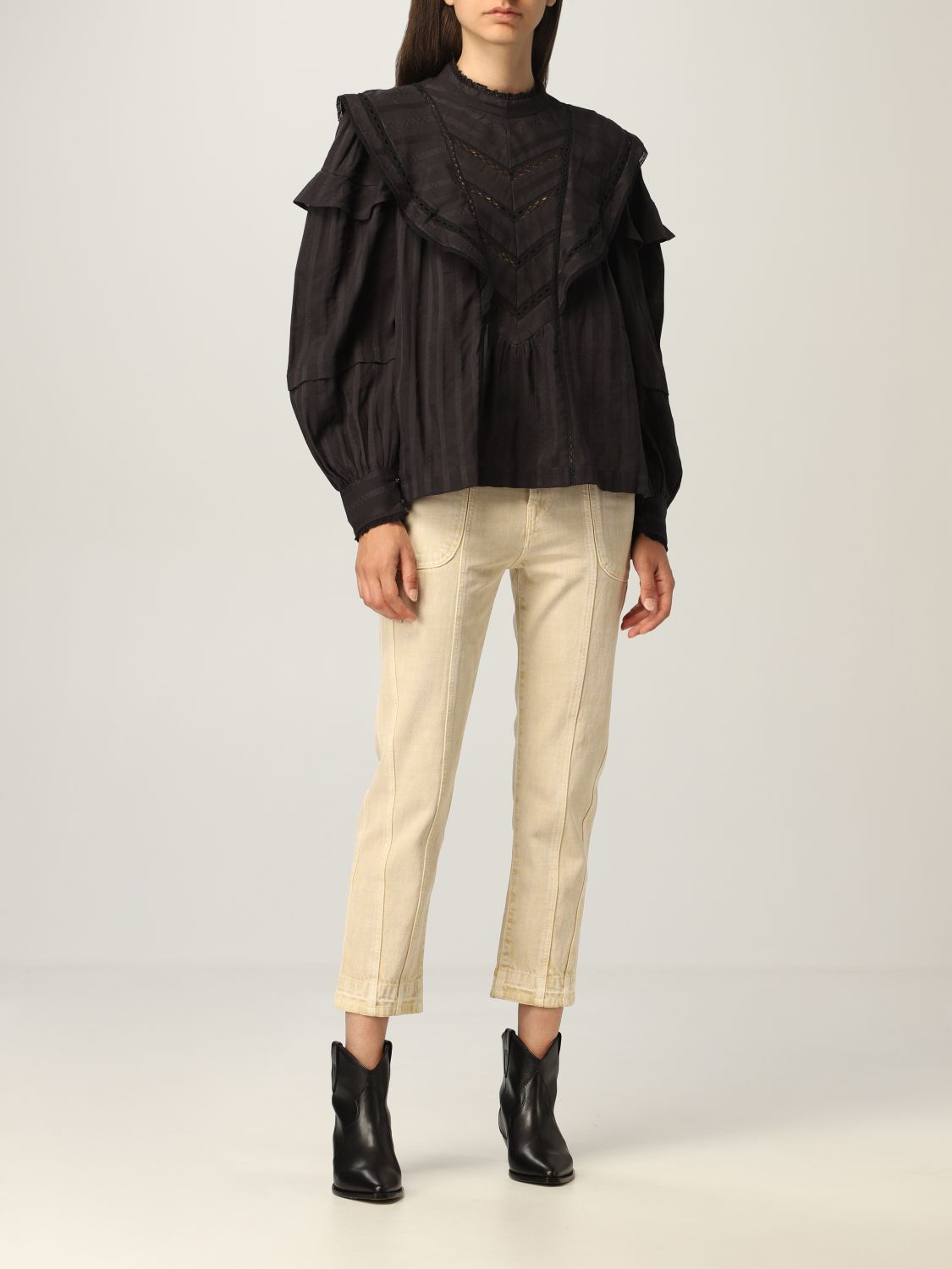 ISABEL ETOILE: cotton blouse with ruffles | Isabel Marant Etoile Women Black | Top Marant Etoile HT182921A025E GIGLIO.COM