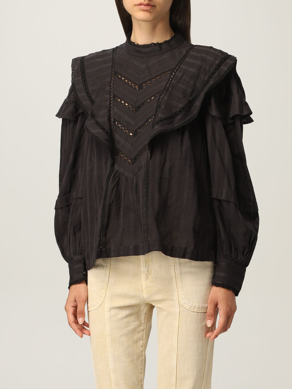 ISABEL MARANT ETOILE: cotton blouse with ruffles | Top Marant Etoile Women Black | Top Marant Etoile HT182921A025E