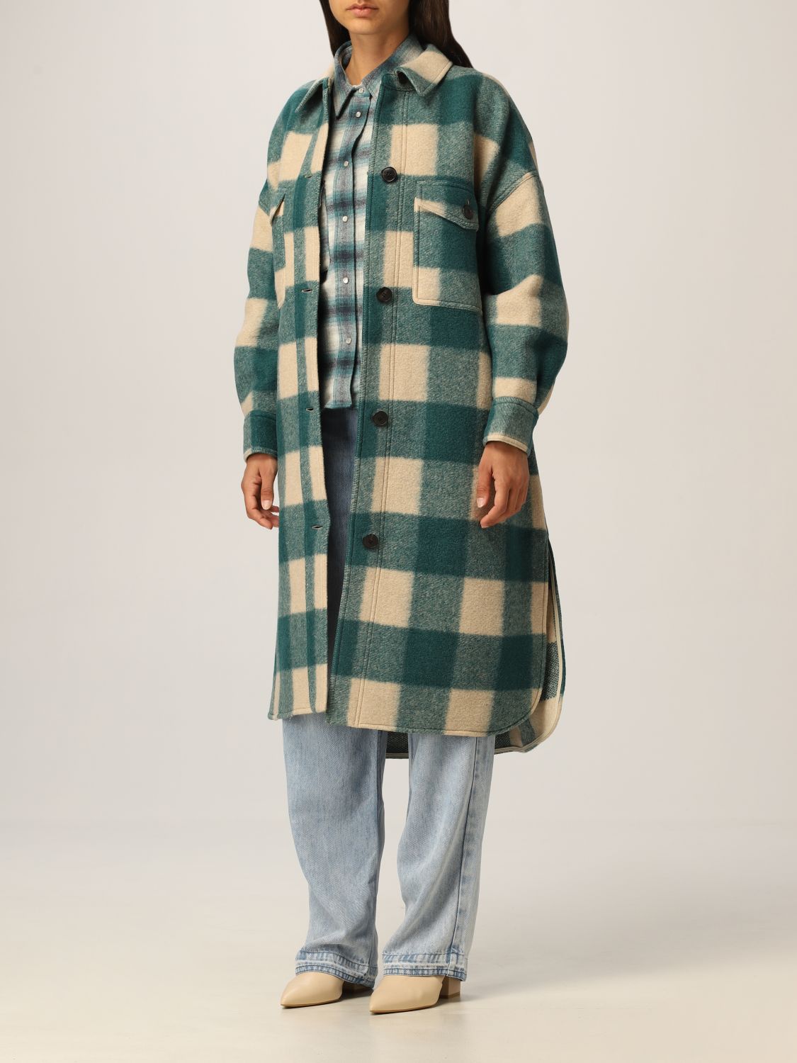 ISABEL MARANT ETOILE: coat in check wool blend - Green | Isabel Marant Etoile coat MA098521A009E online at GIGLIO.COM