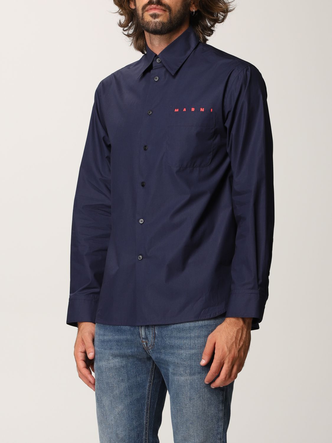 MARNI: shirt in cotton poplin with logo - Navy | Marni shirt 