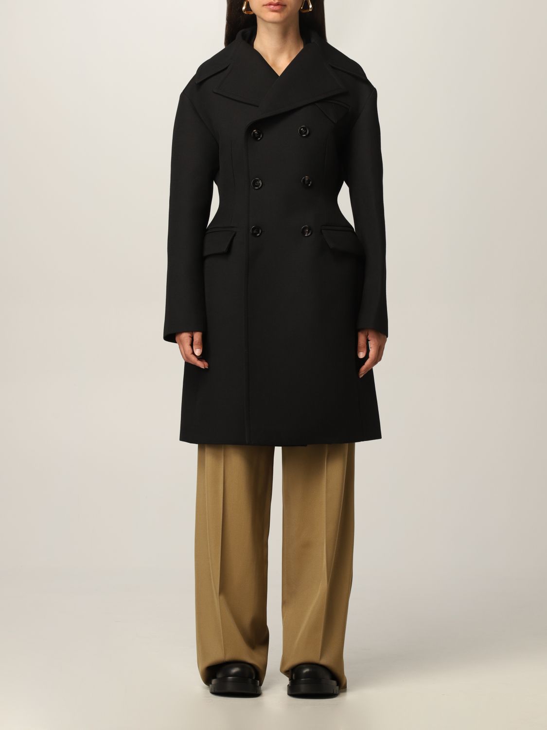 BOTTEGA VENETA: double-breasted coat in wool blend - Black | Bottega ...